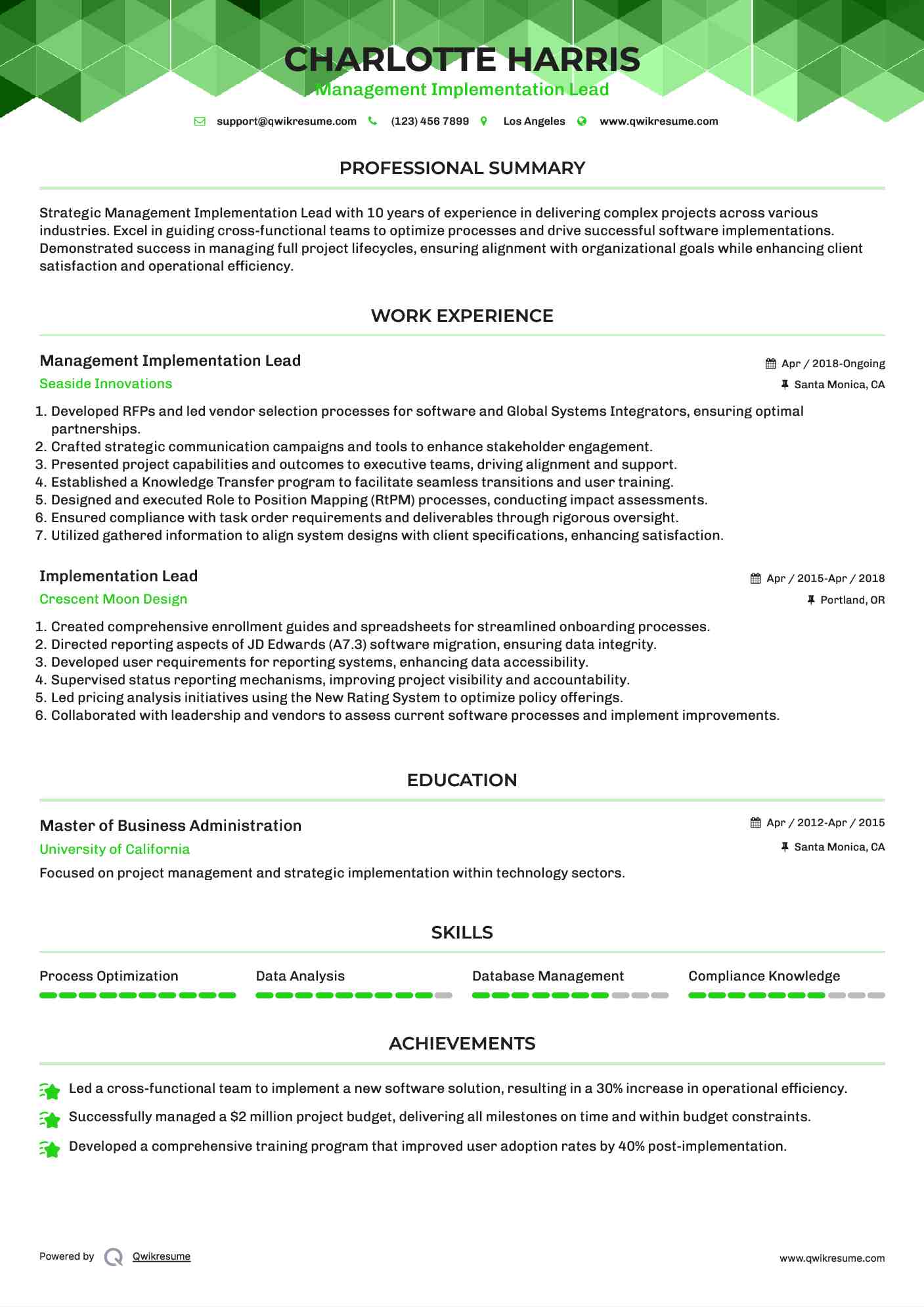 Management Implementation Lead Resume Sample