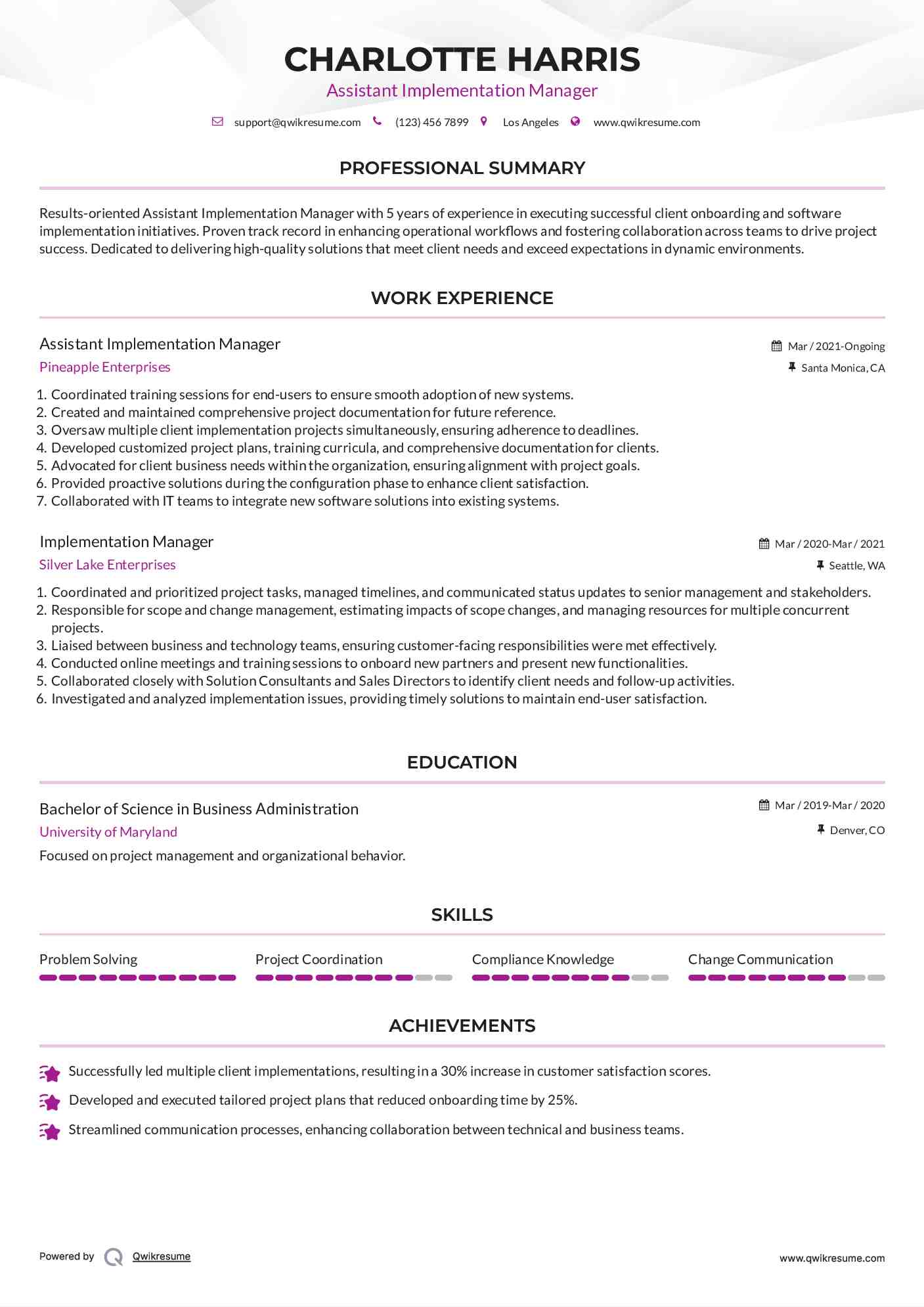 Assistant Implementation Manager Resume Model
