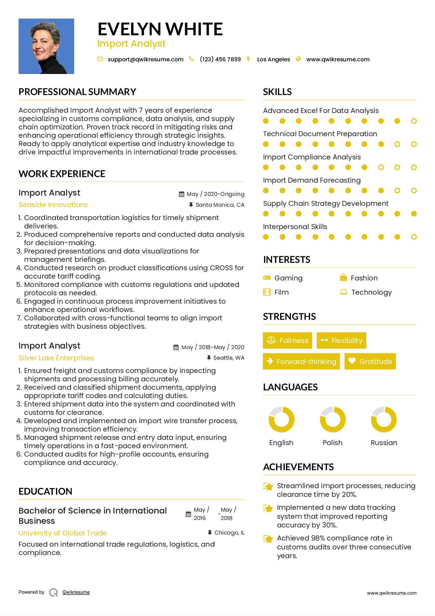 Import Analyst Resume Sample