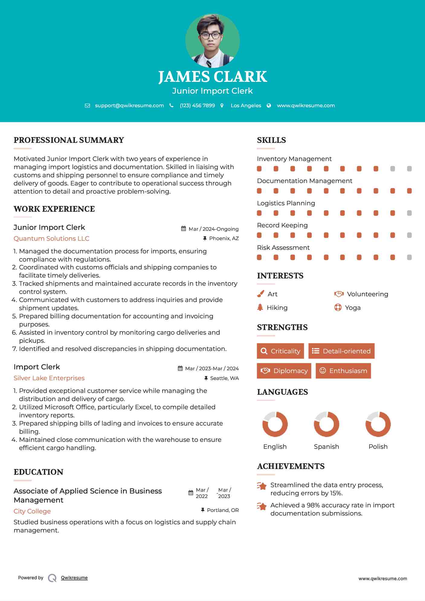 Junior Import Clerk Resume Model