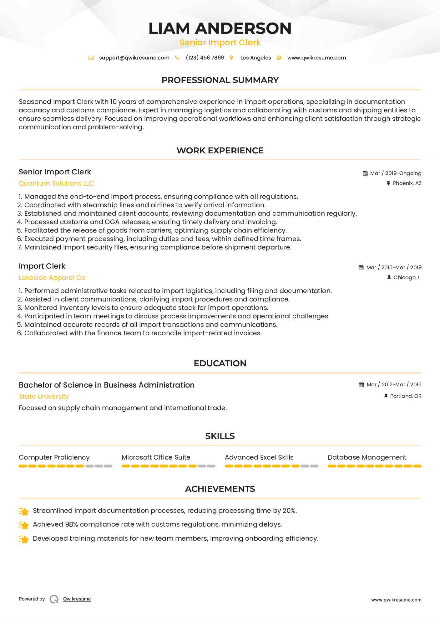 Senior Import Clerk Resume Template