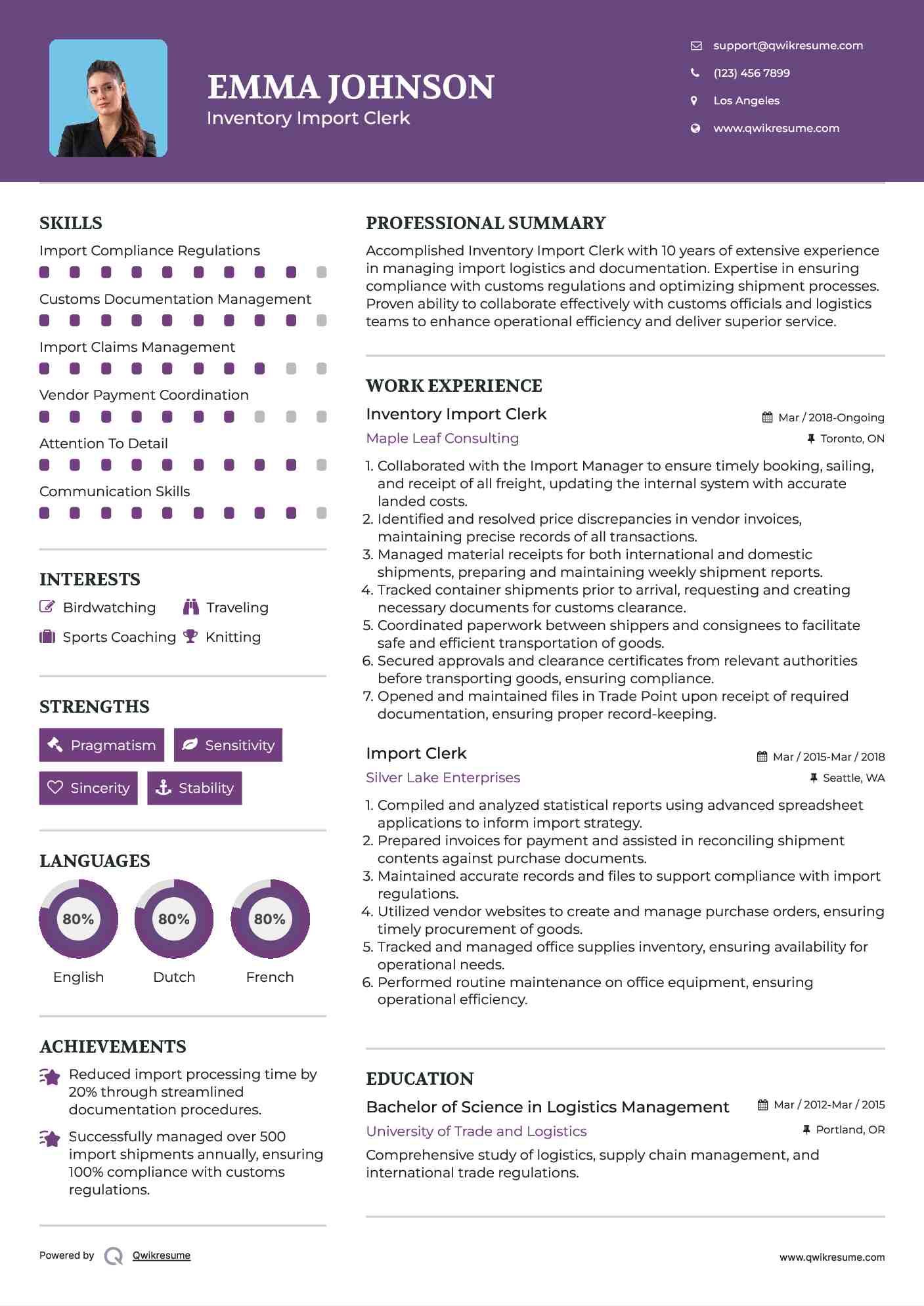 Inventory Import Clerk
 Resume Sample