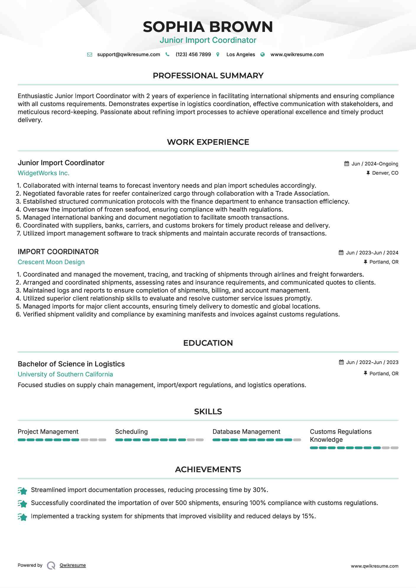 Junior Import Coordinator
 Resume Format