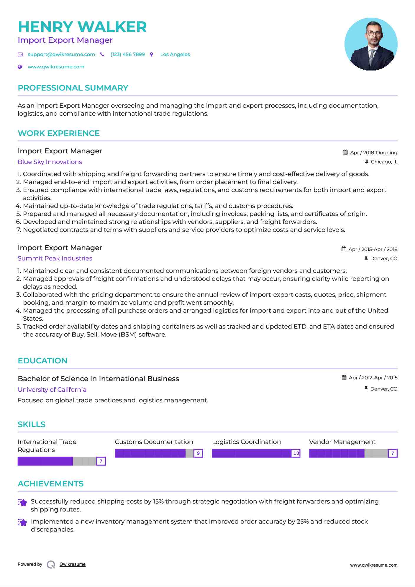 Import Export Manager Resume Example
