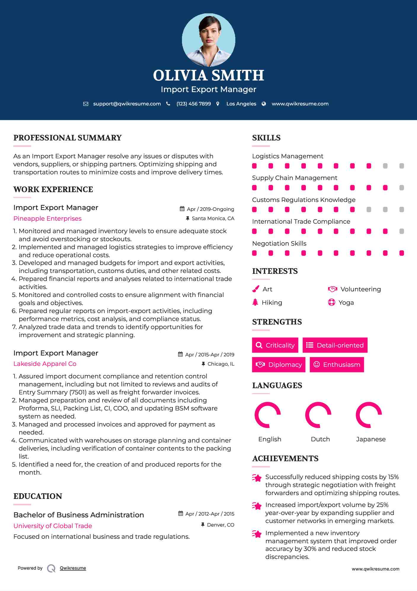 Import Export Manager Resume Sample