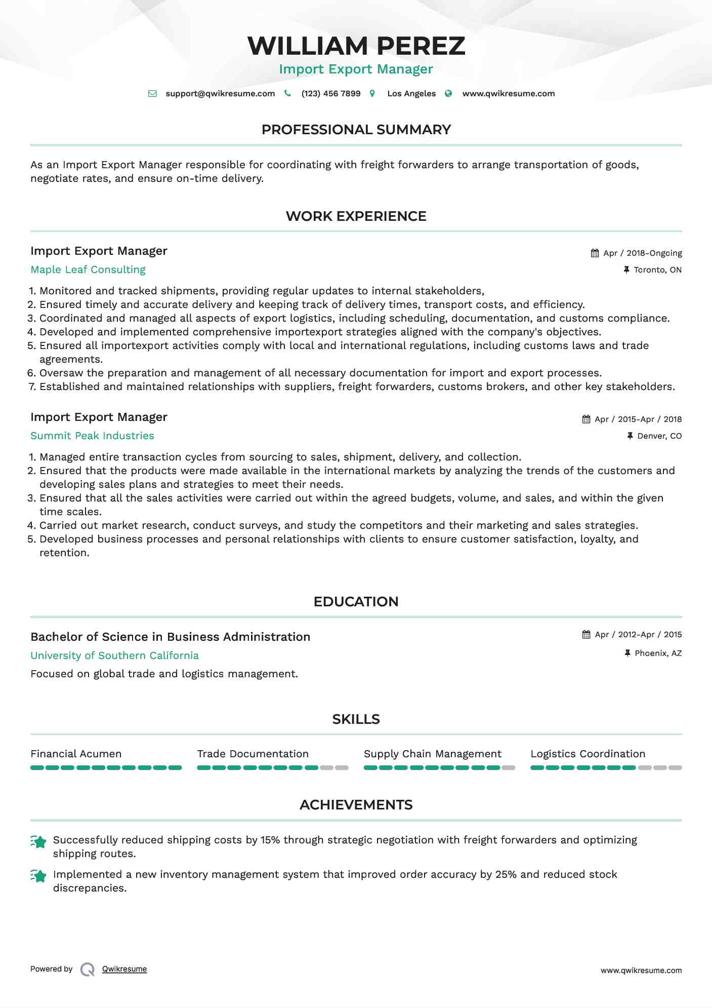 Import Export Manager Resume Template