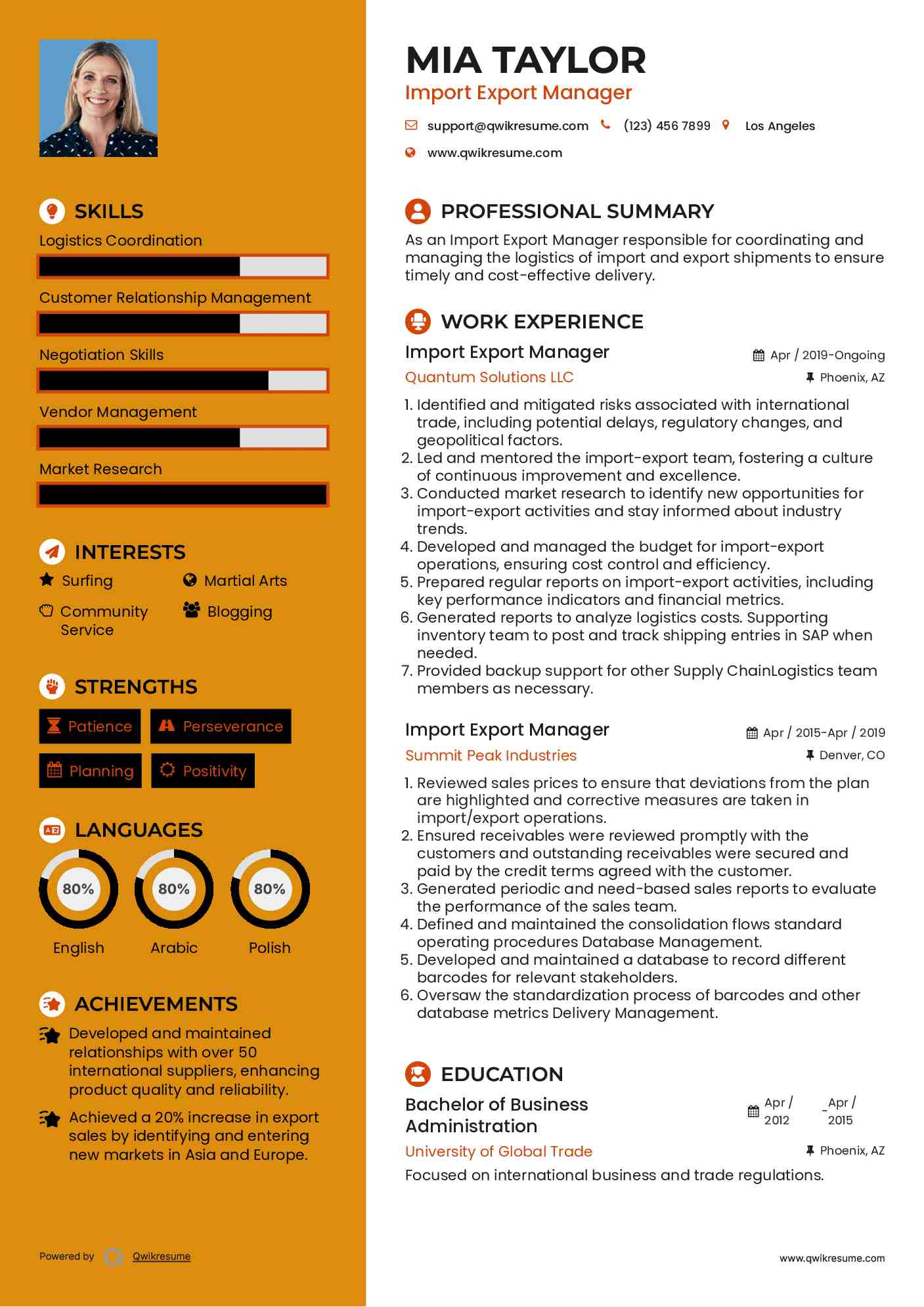 Import Export Manager Resume Template