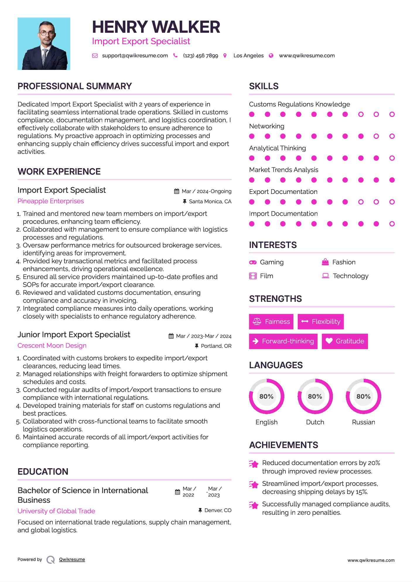 Import Export Specialist Resume Sample