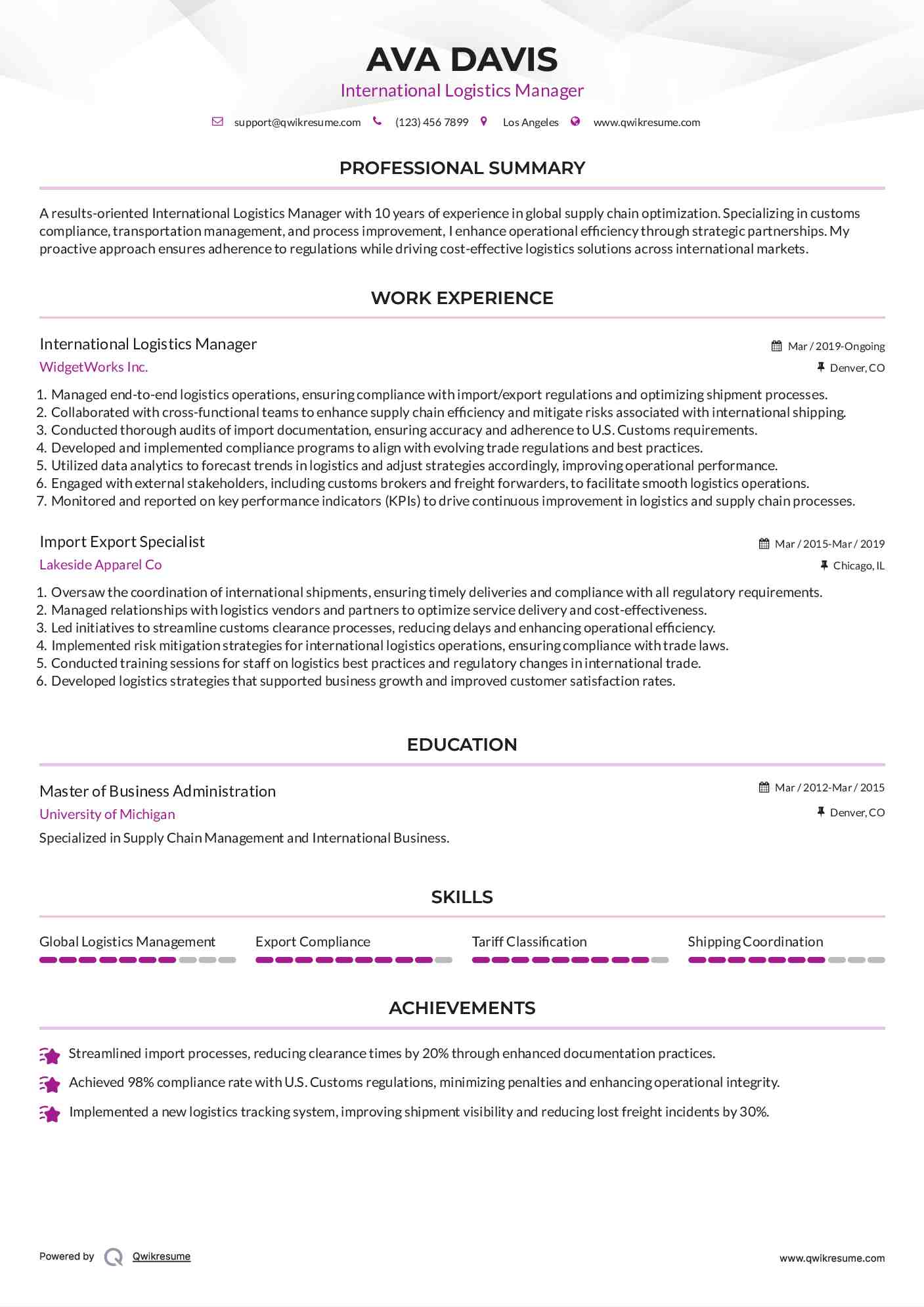 International Logistics Manager Resume Example