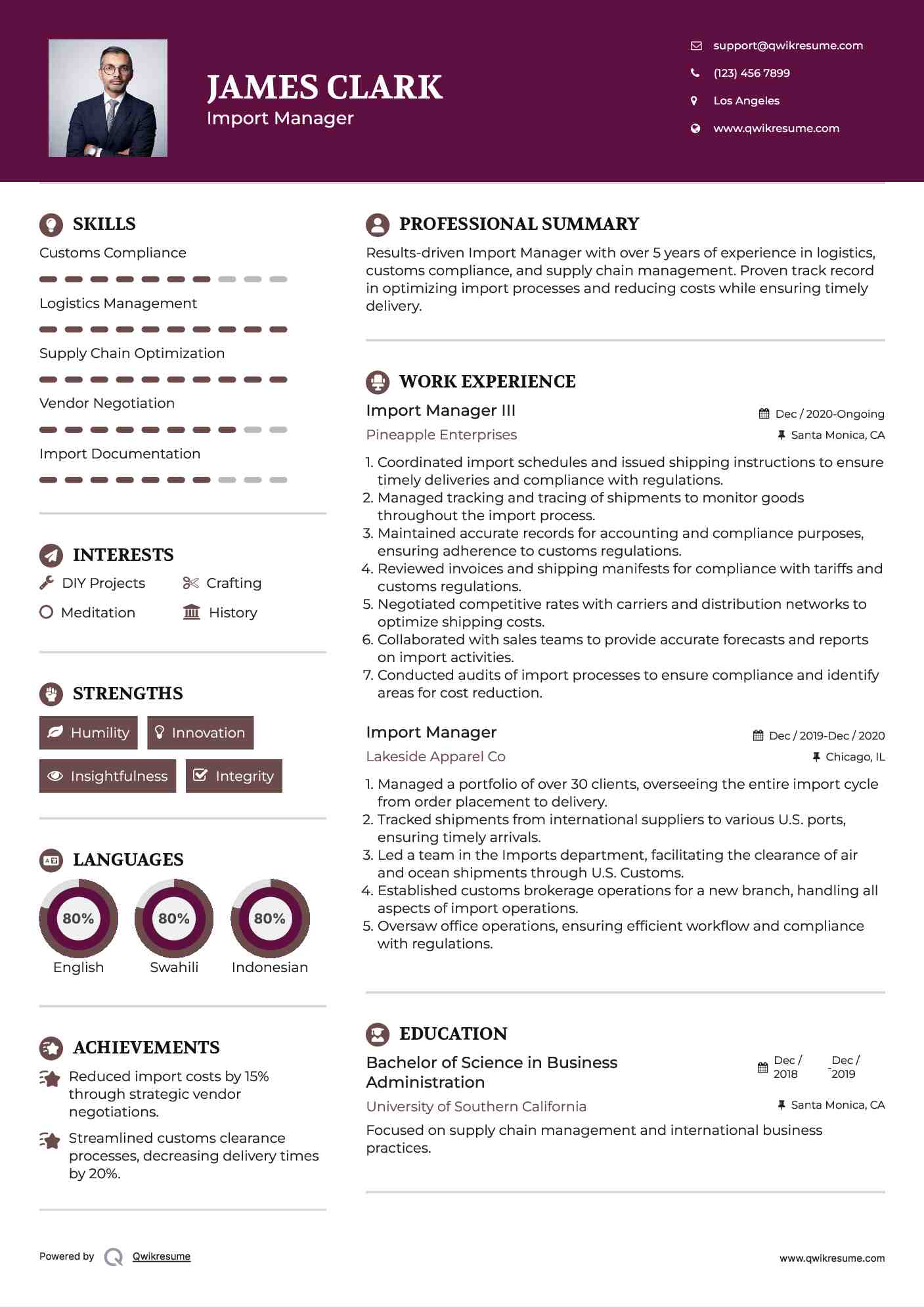 Import Manager III Resume Example