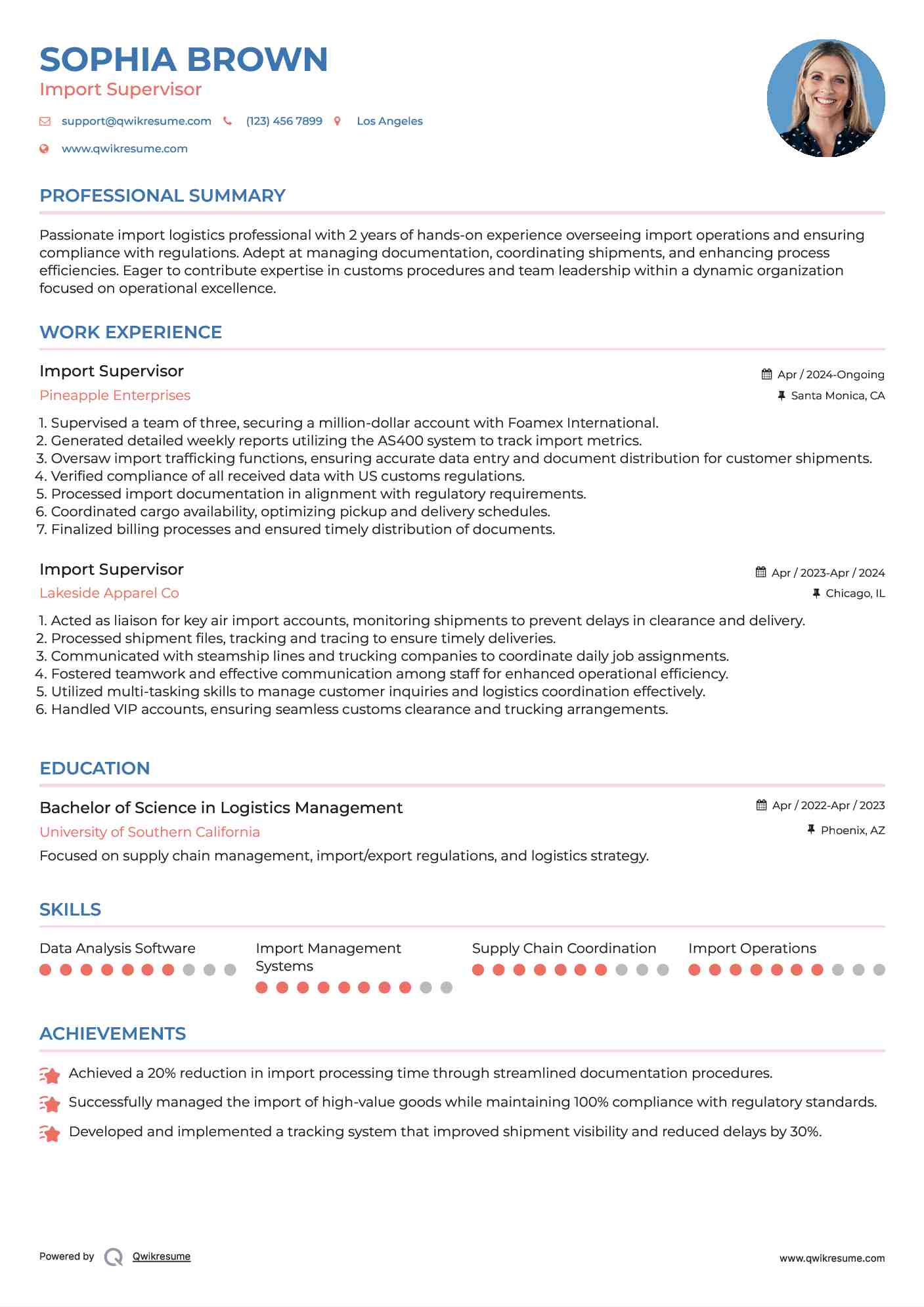 Import Supervisor Resume Example