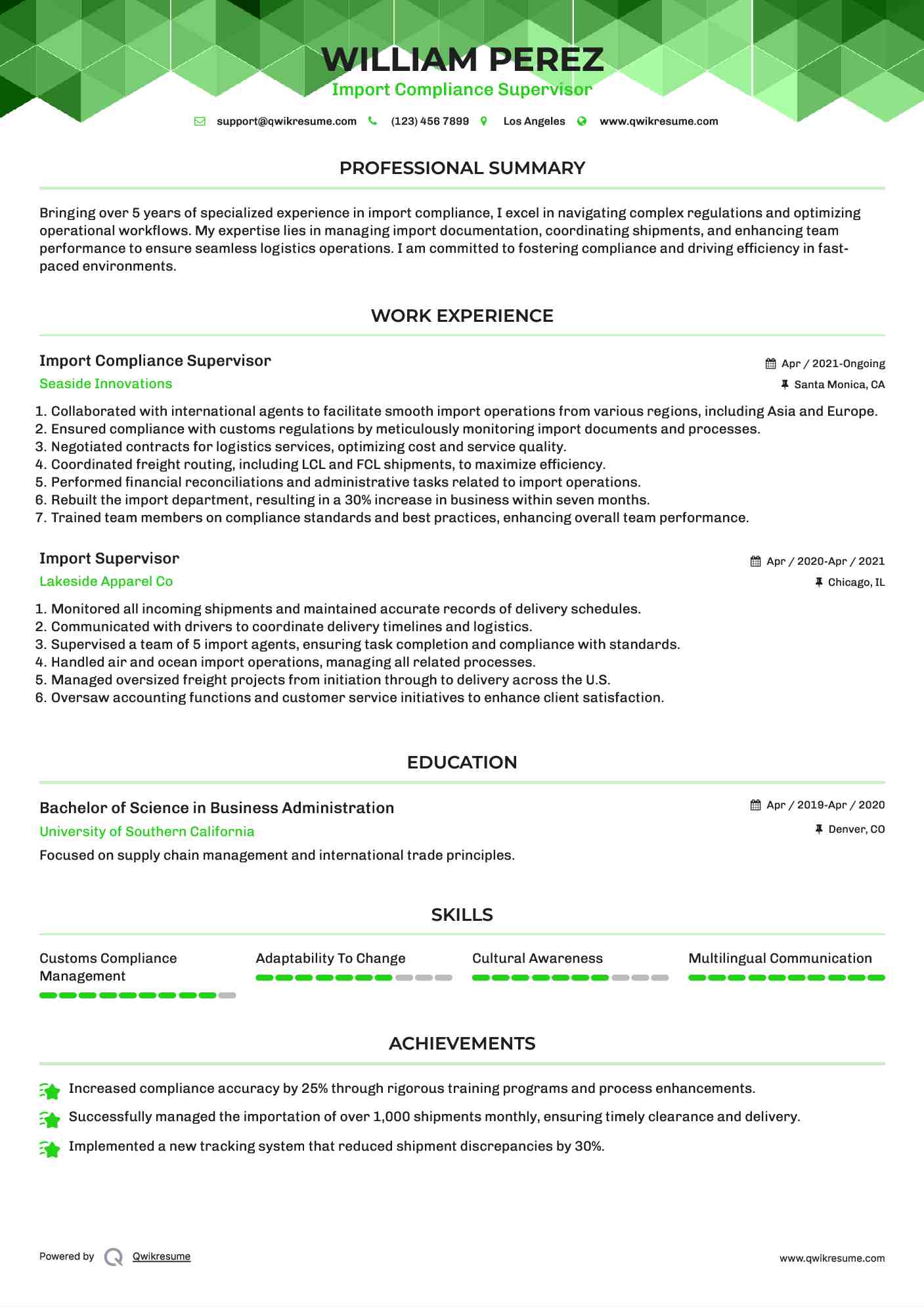 Import Compliance Supervisor Resume Template