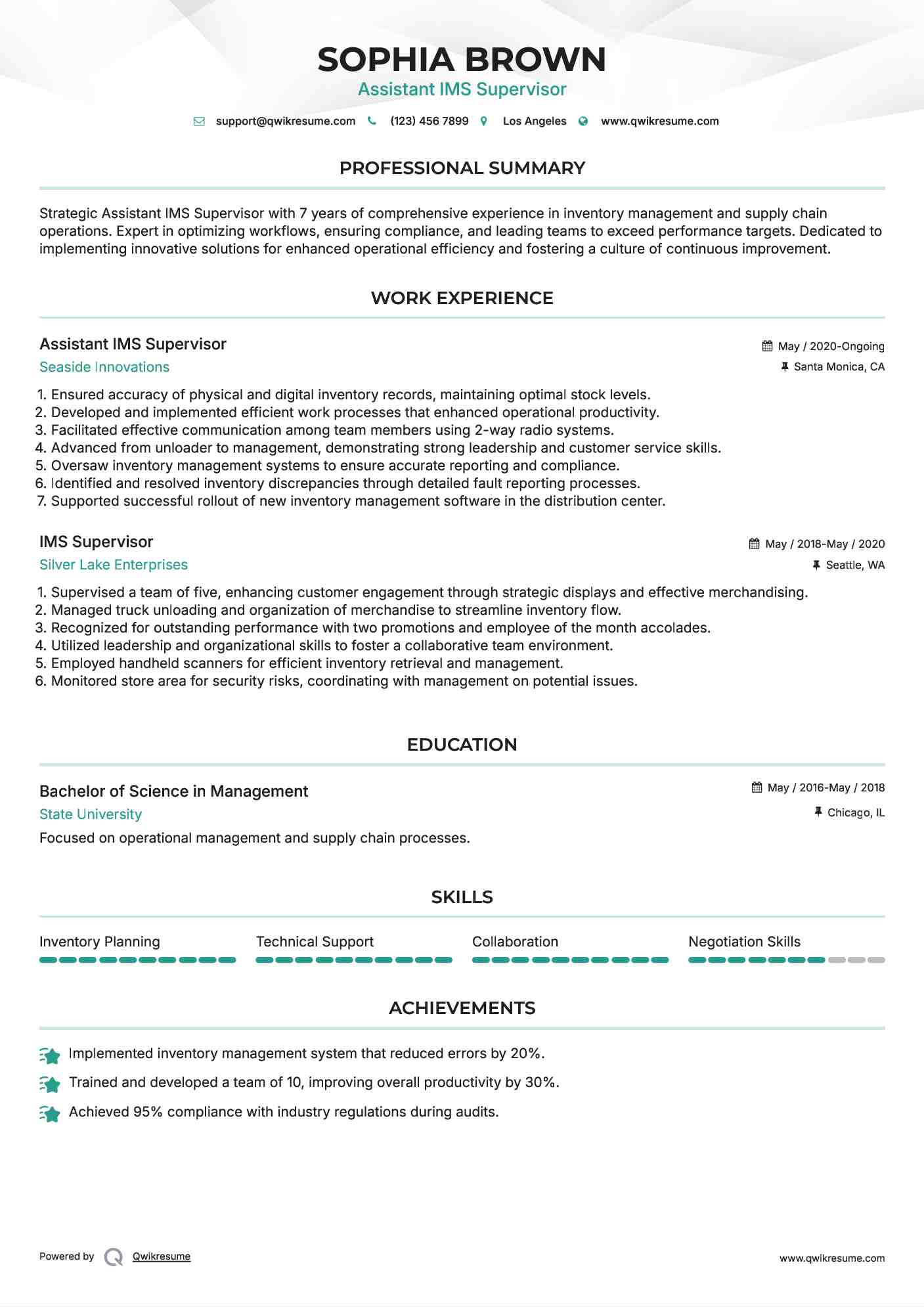 Assistant IMS Supervisor Resume Model