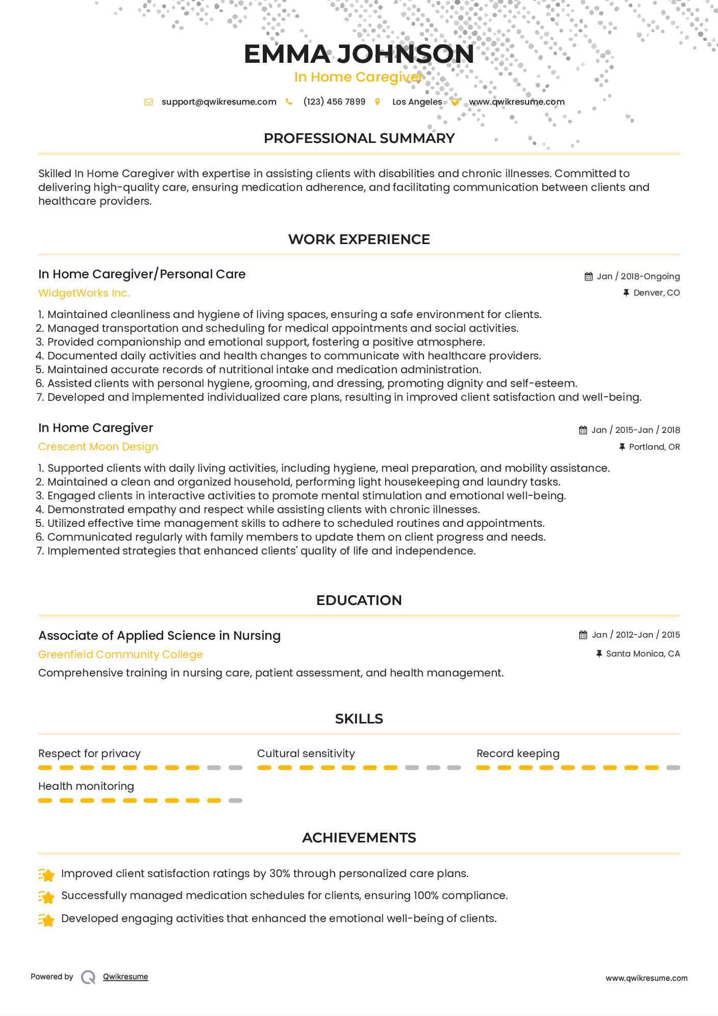 In Home Caregiver/Personal Care Resume Sample