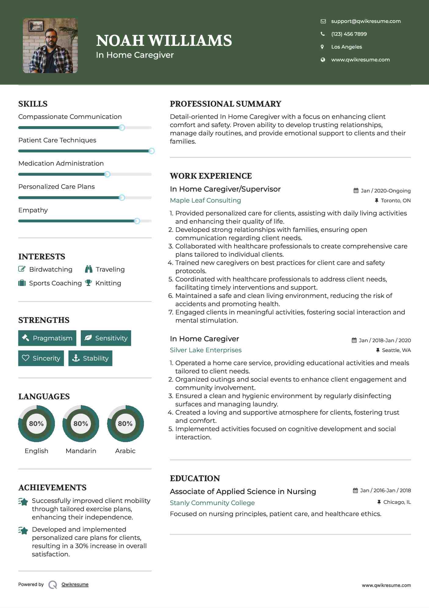 In Home Caregiver/Supervisor Resume Example