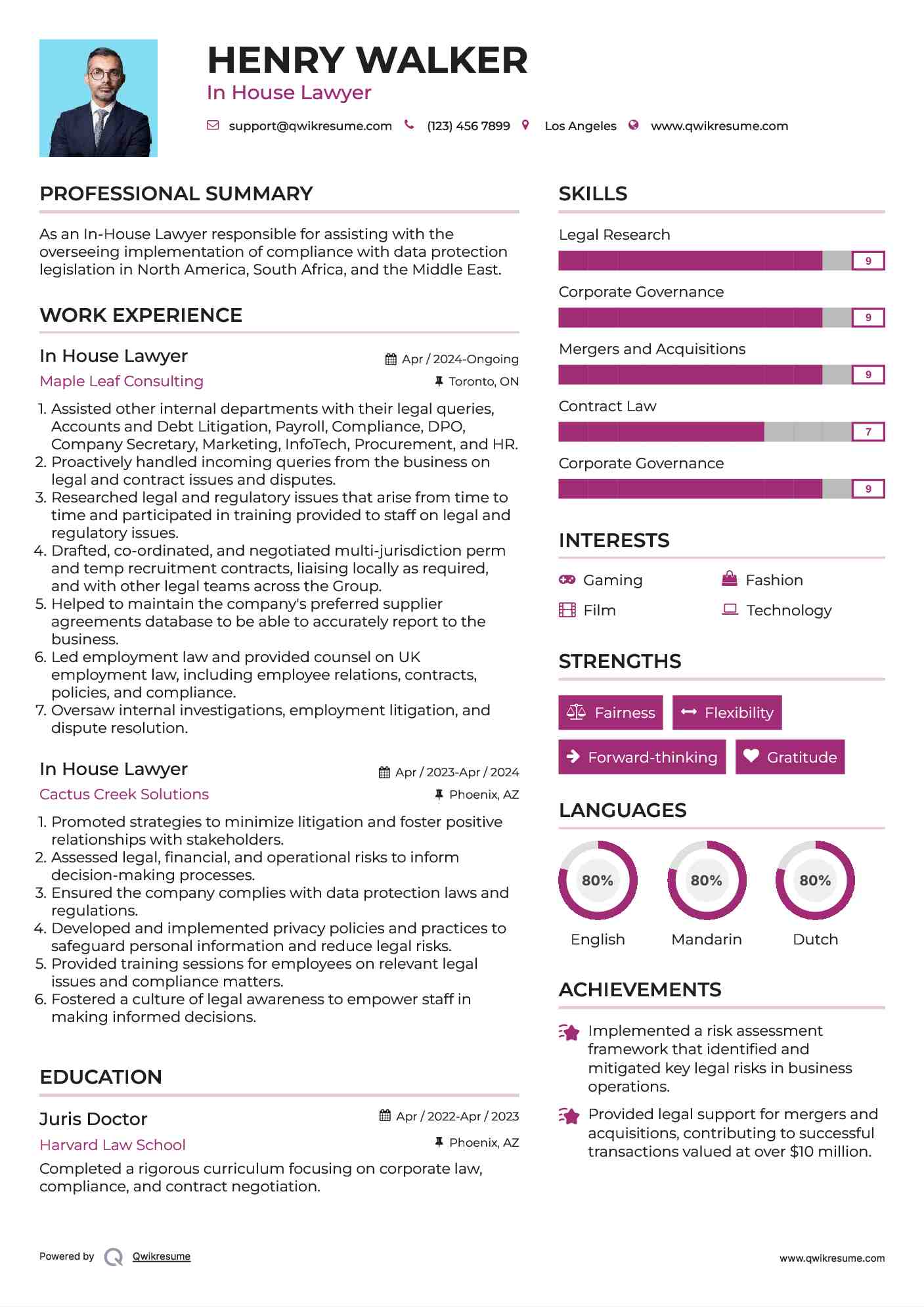 In House Lawyer Resume Example