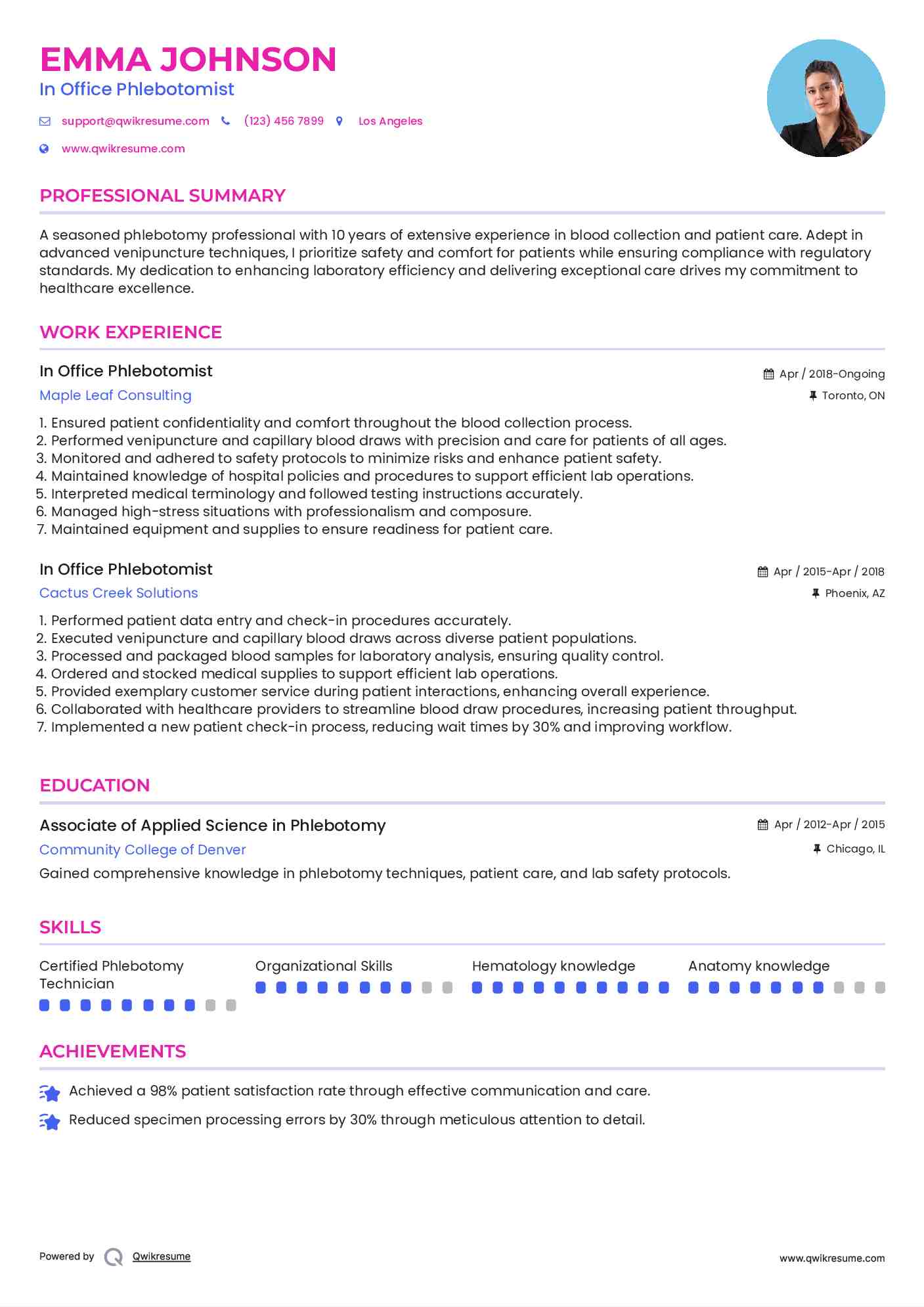 In Office Phlebotomist Resume Sample