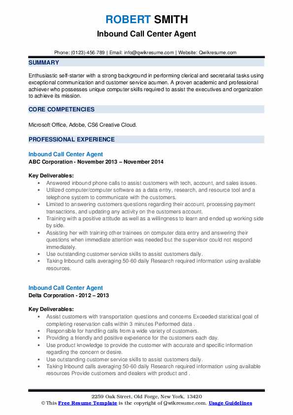 Inbound Call Center Agent Resume Samples QwikResume