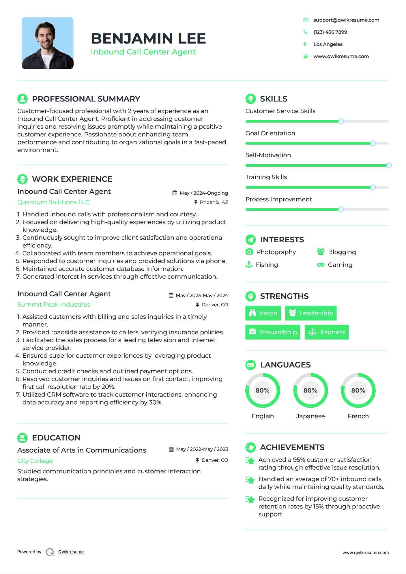 Inbound Call Center Agent Resume Model
