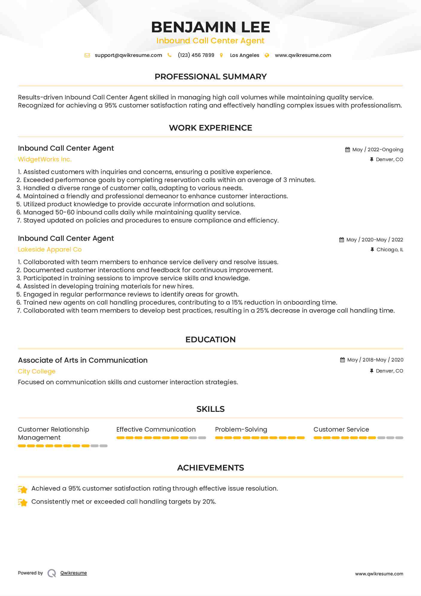 Inbound Call Center Agent Resume Format