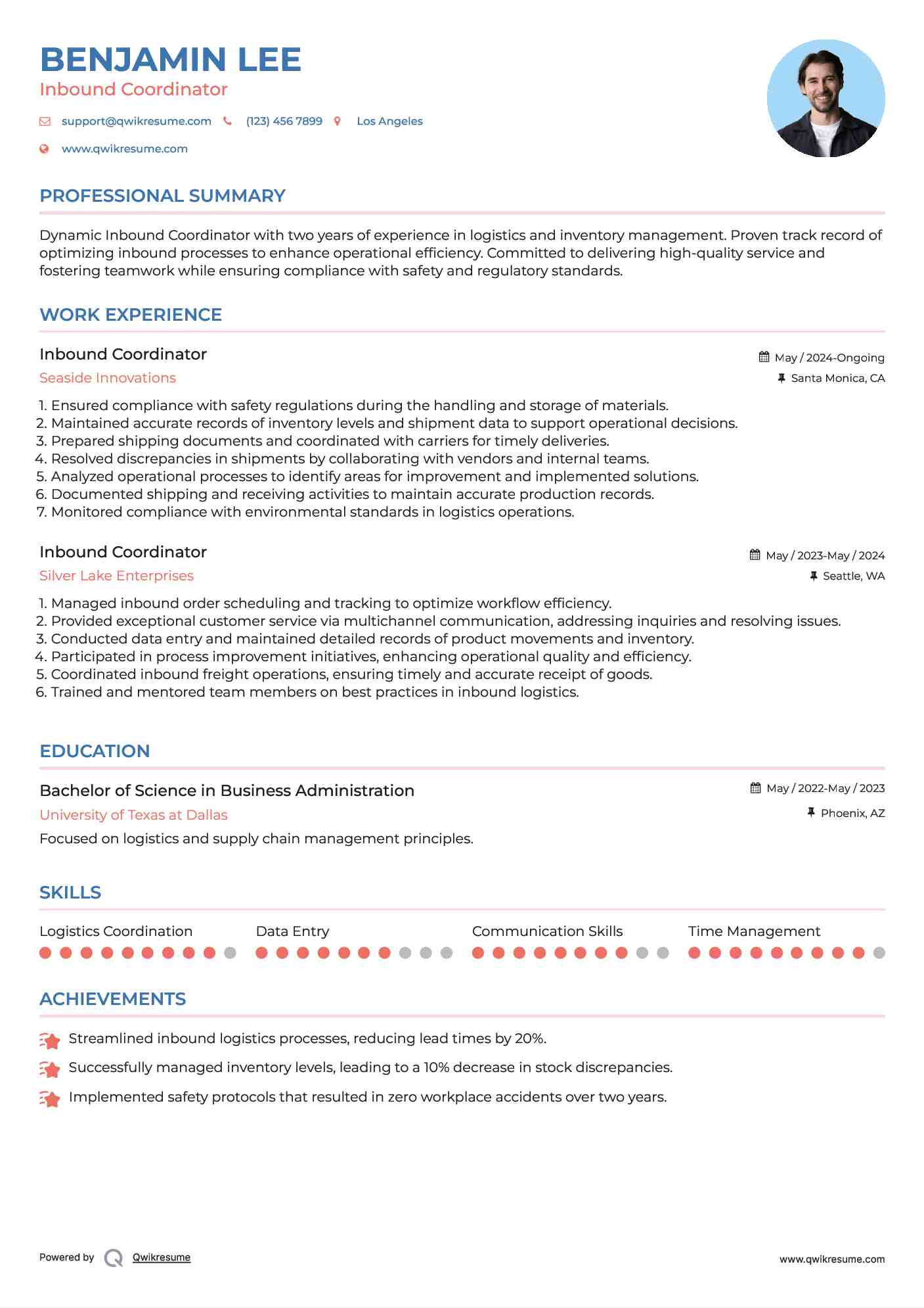 Inbound Coordinator Resume Example
