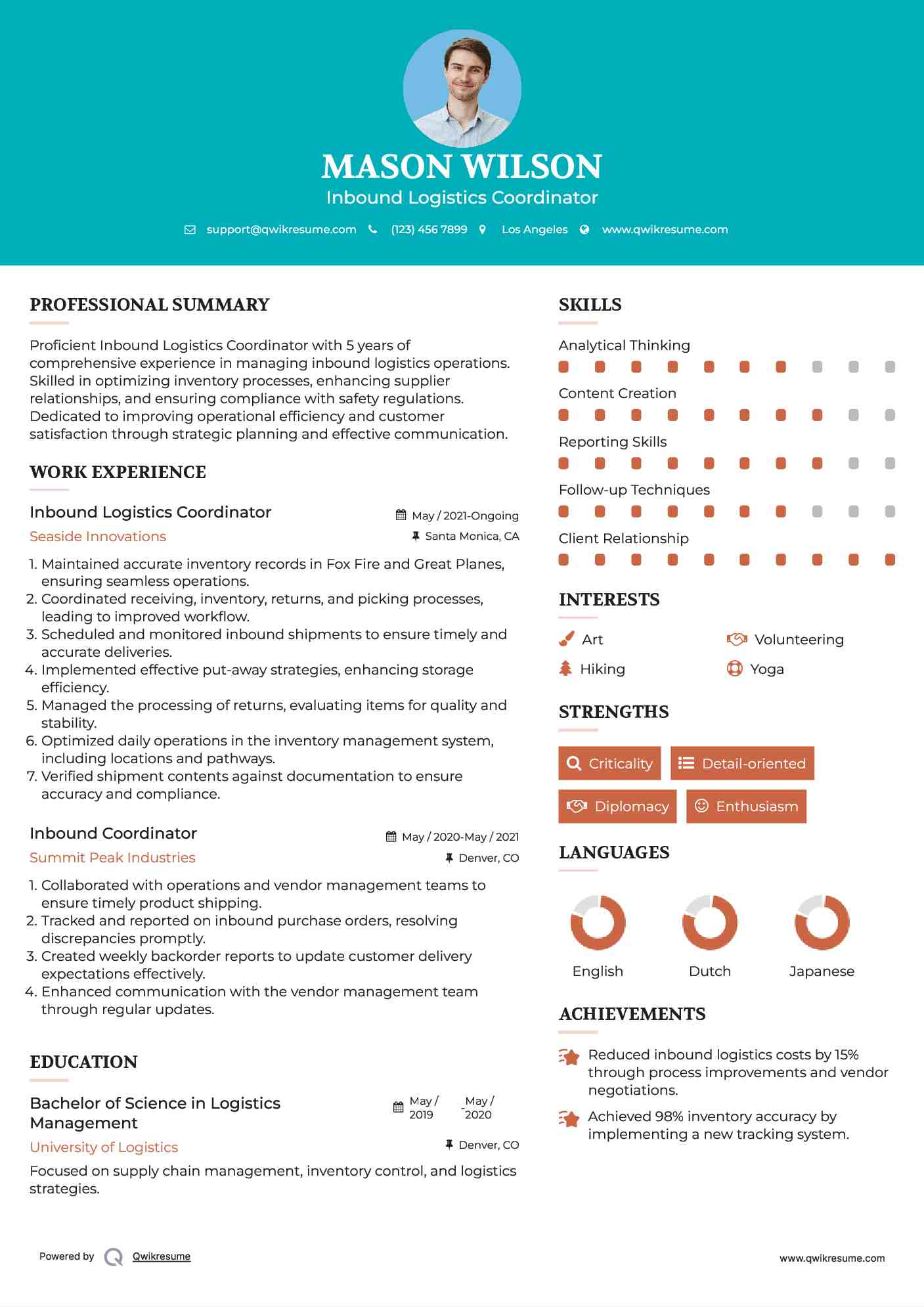 Inbound Logistics Coordinator Resume Format