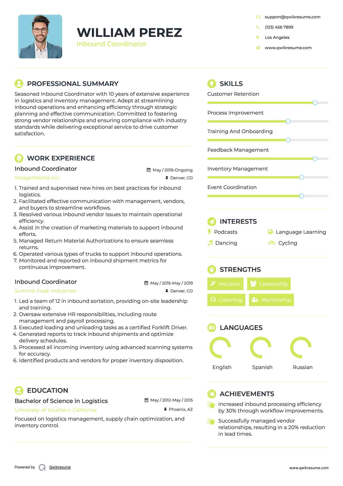 Inbound Coordinator Resume Model