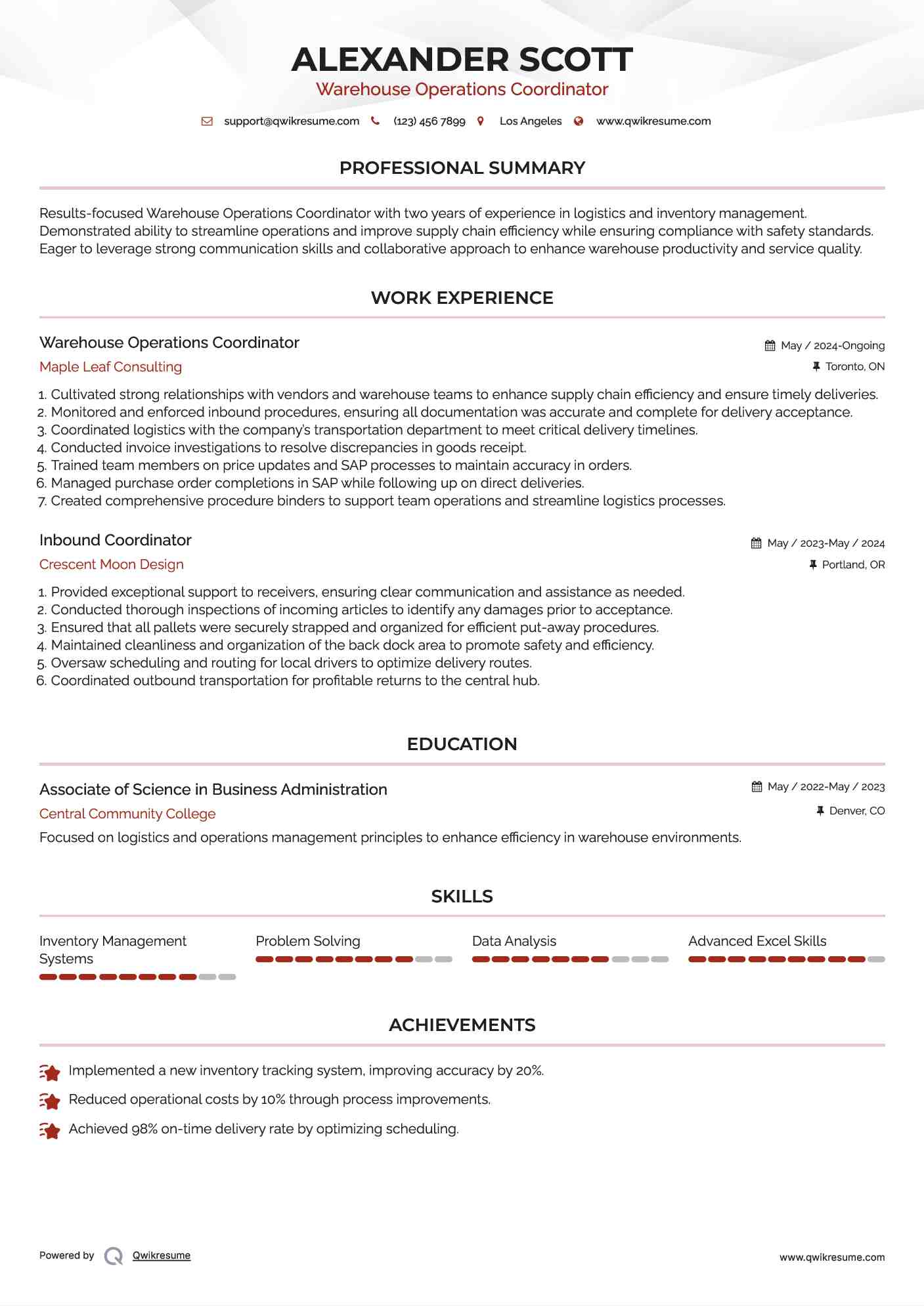 Warehouse Operations Coordinator Resume Sample