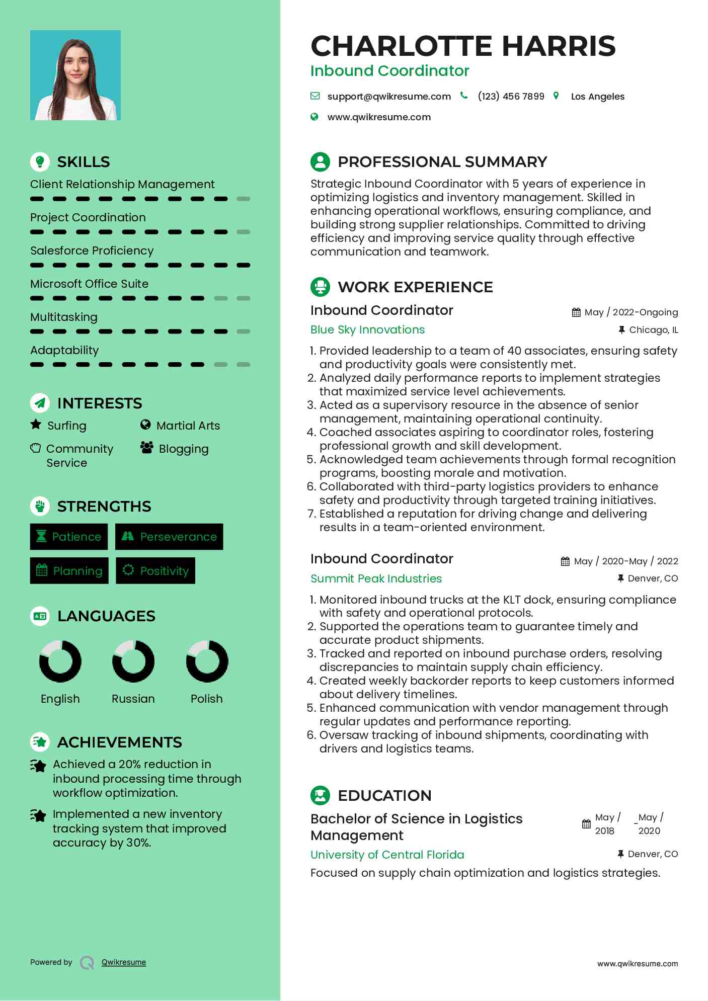 Inbound Coordinator Resume Example