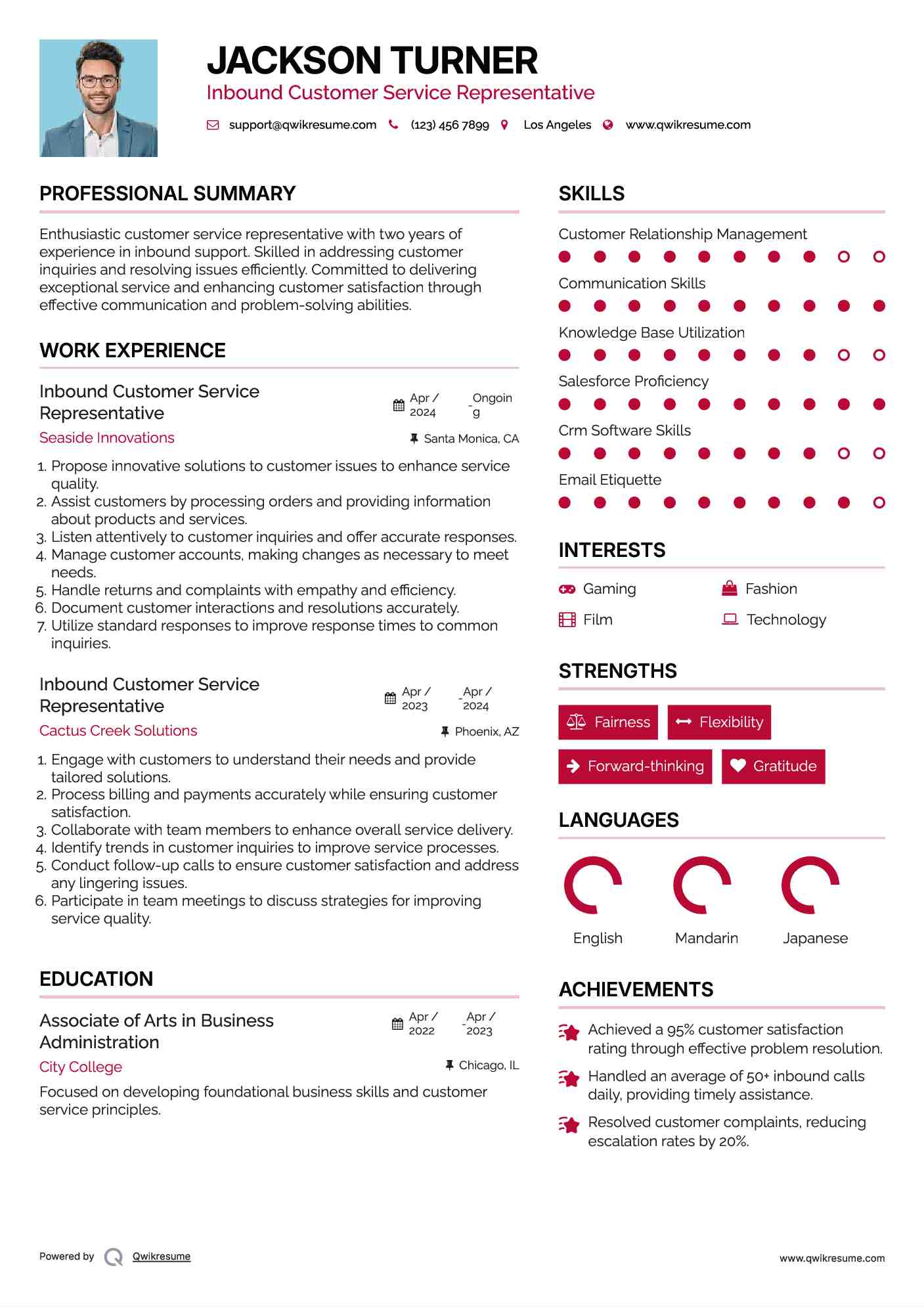 Inbound Customer Service Representative Resume Format