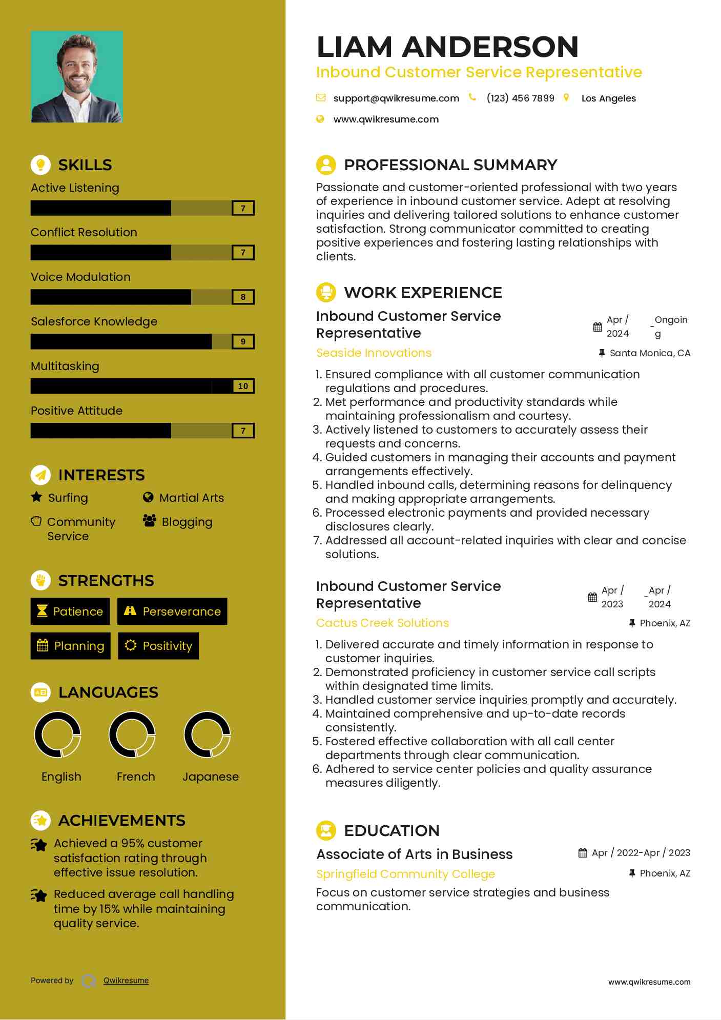 Inbound Customer Service Representative Resume Model