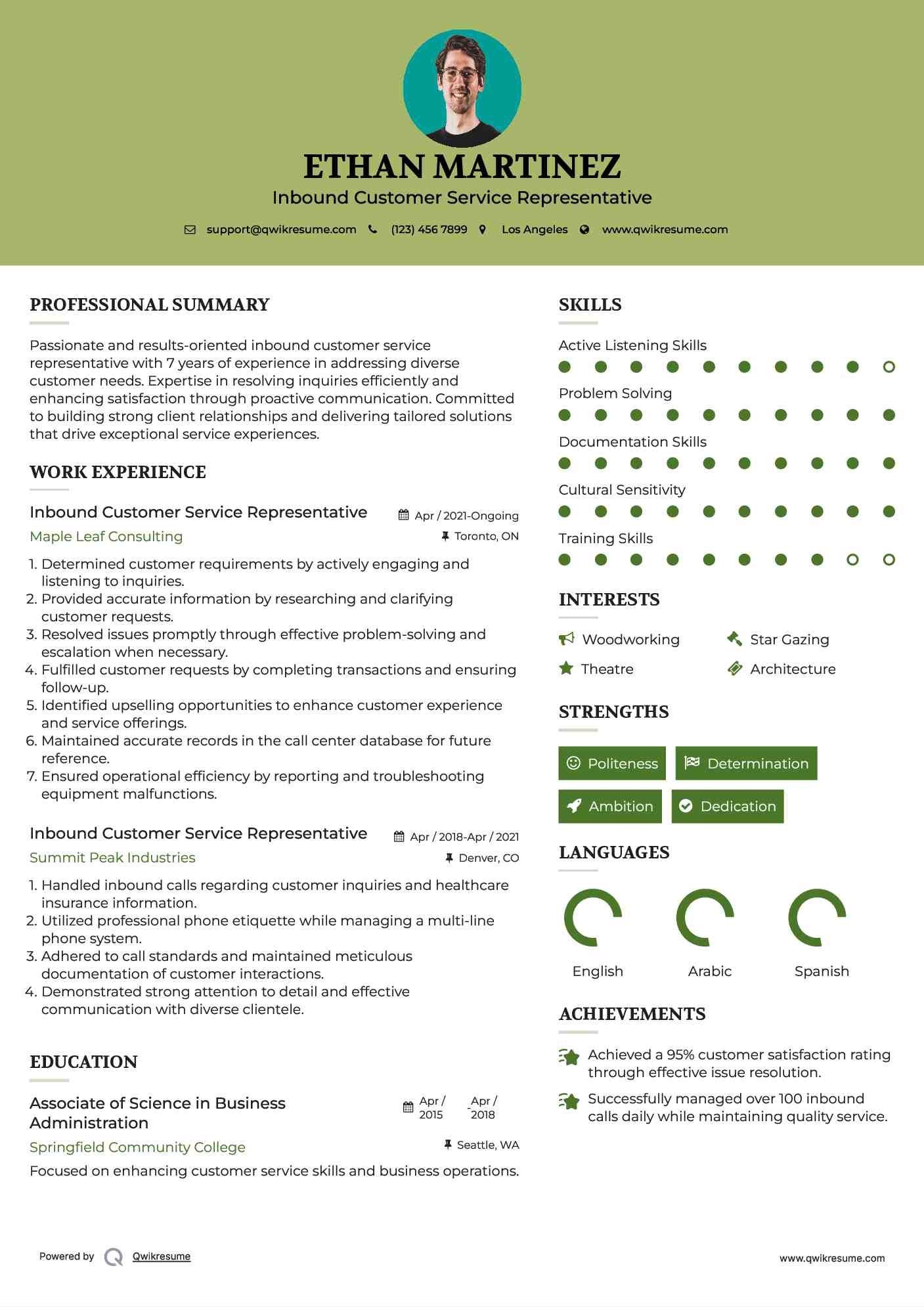 Inbound Customer Service Representative Resume Template