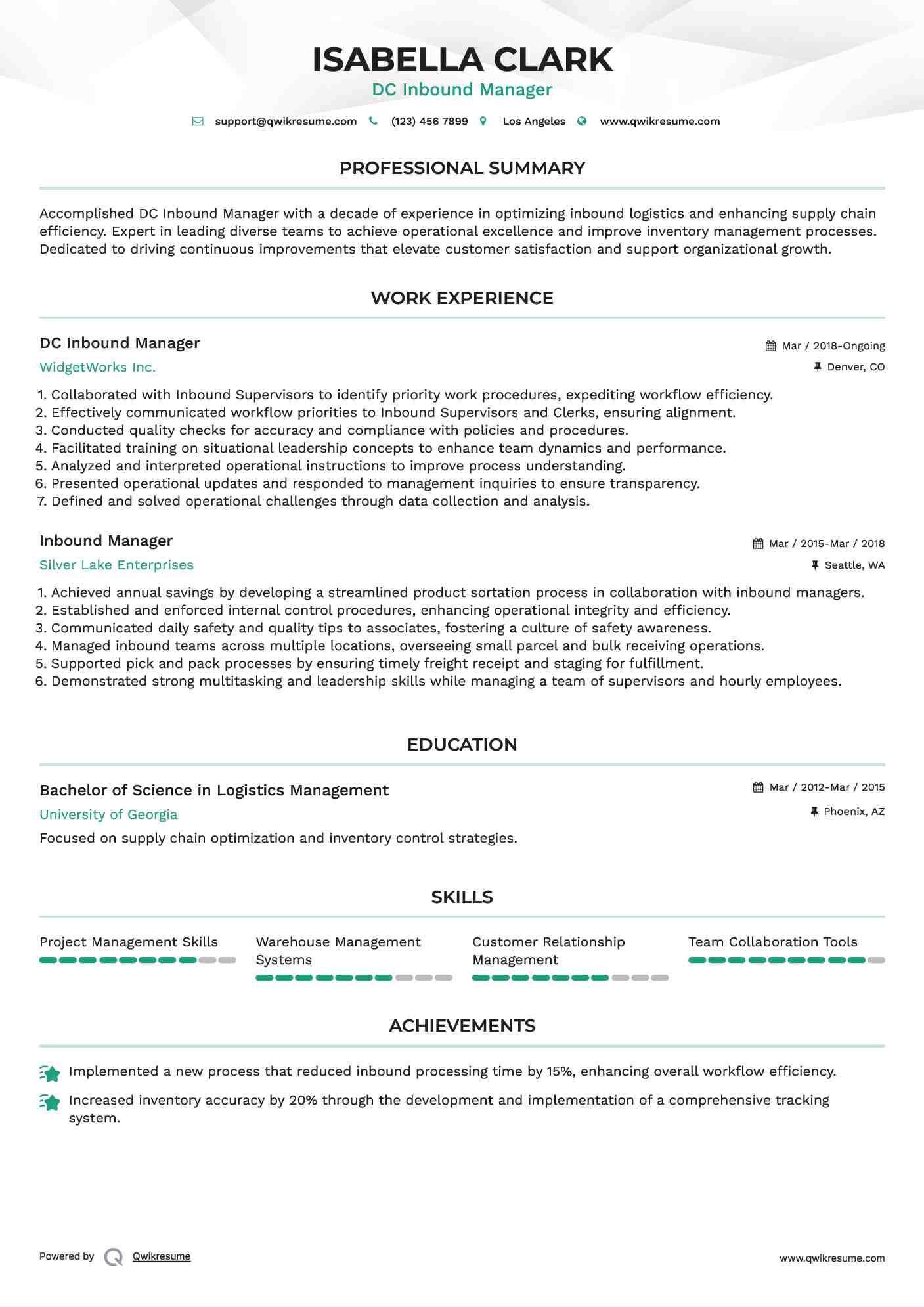 DC Inbound Manager Resume Example