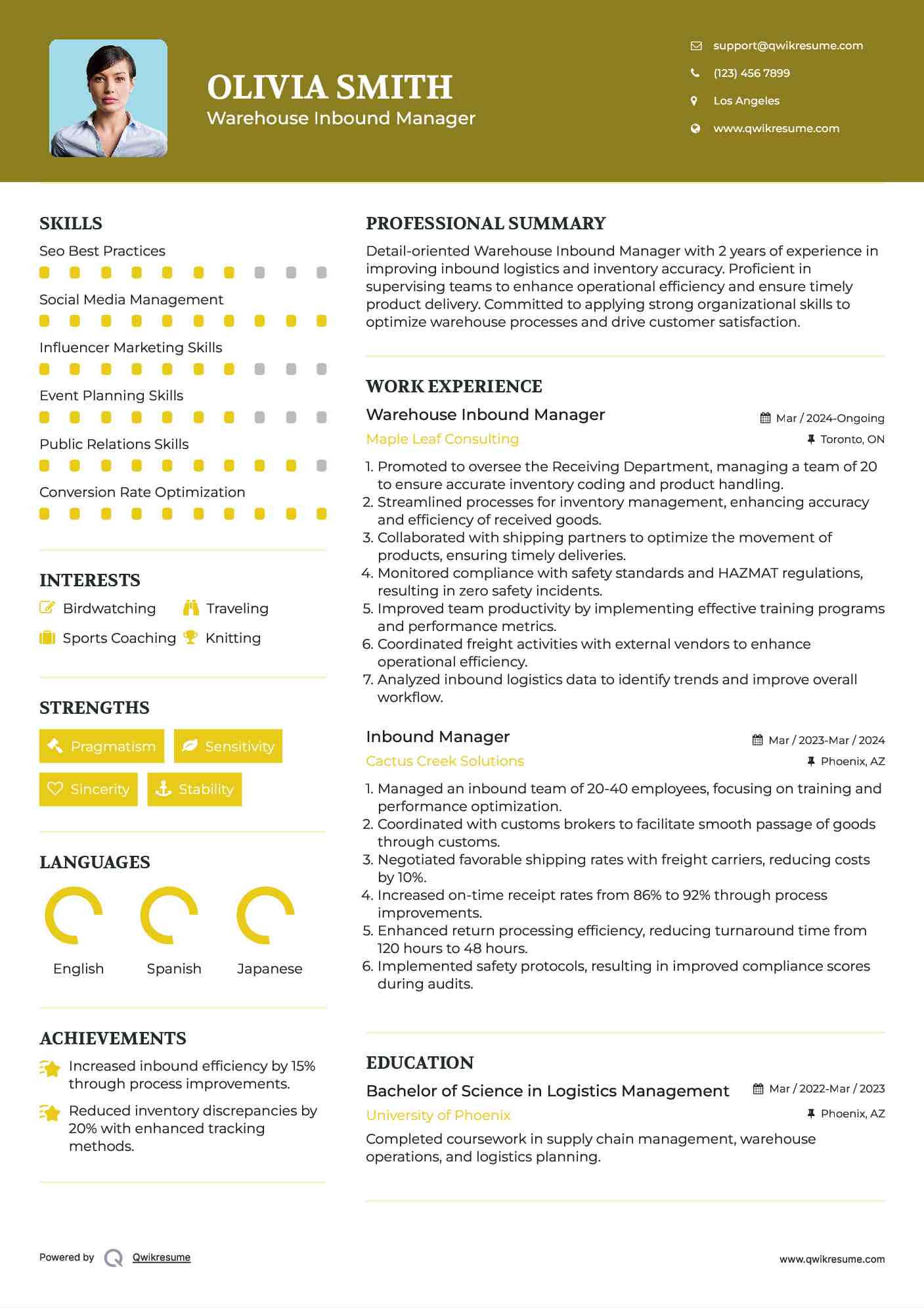 Warehouse Inbound Manager Resume Model