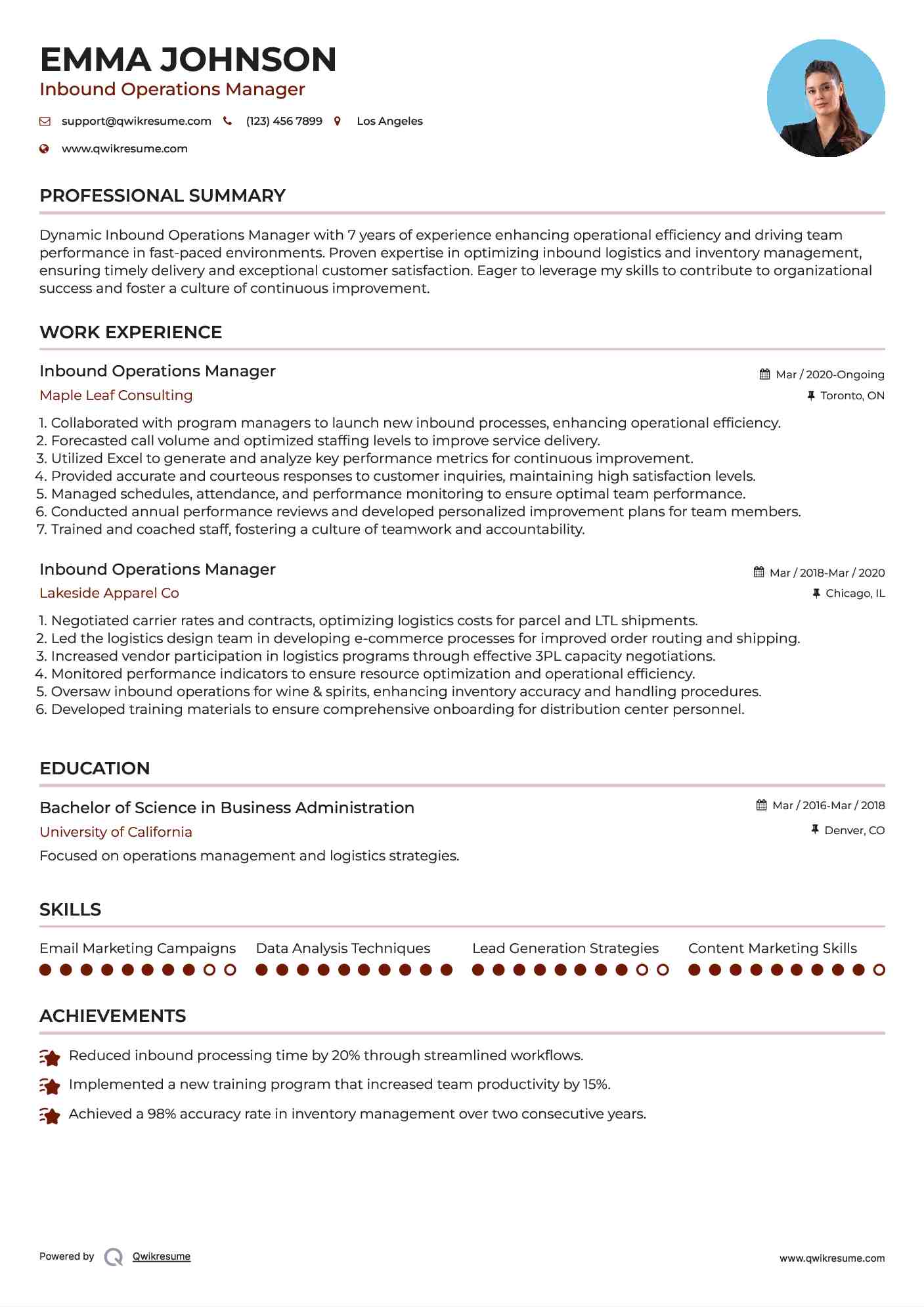 Inbound Operations Manager Resume Model