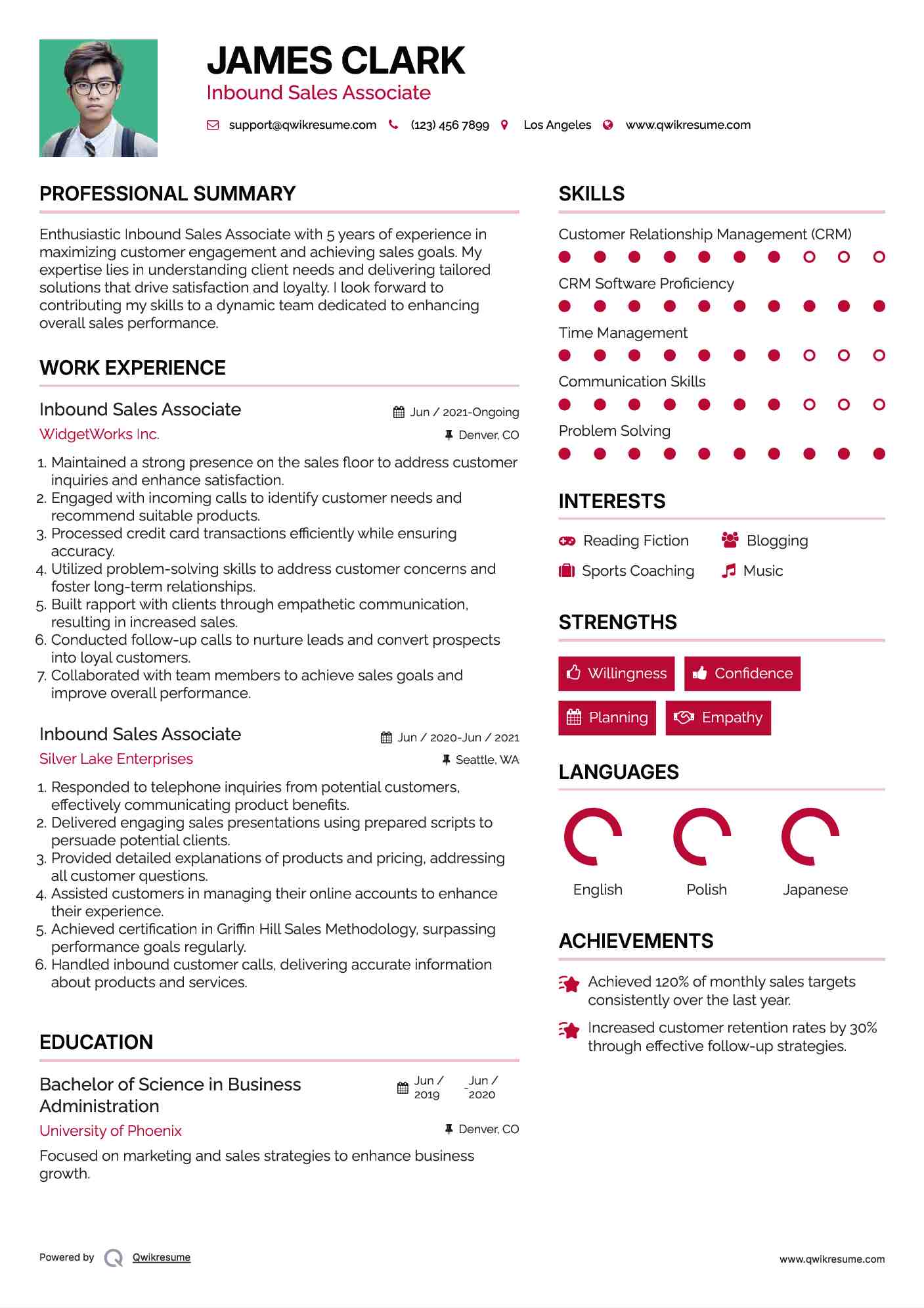 Inbound Sales Associate Resume Sample