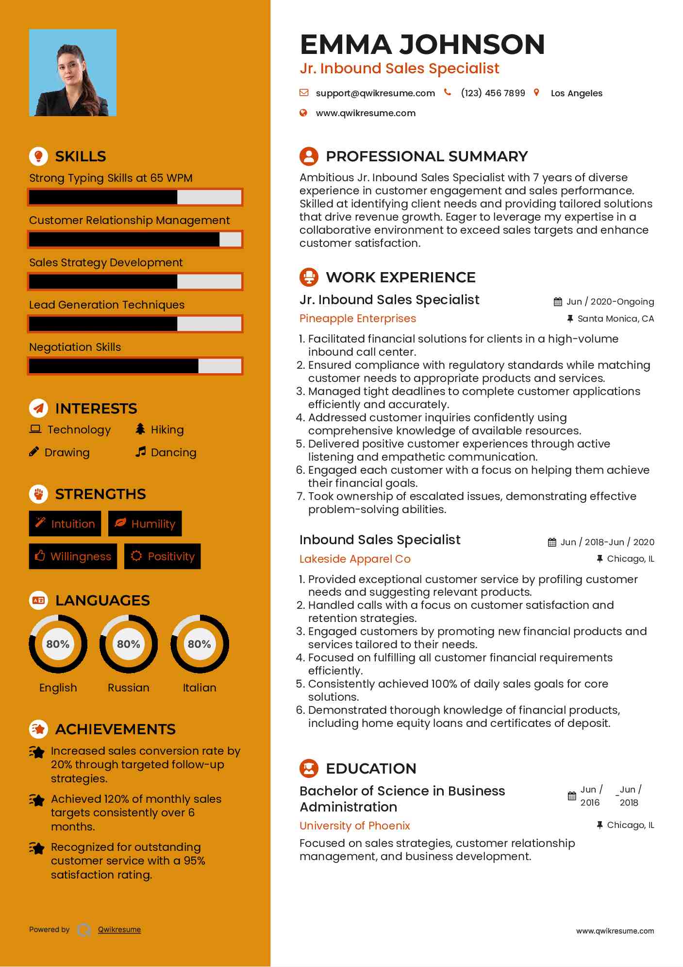 Jr. Inbound Sales Specialist Resume Template