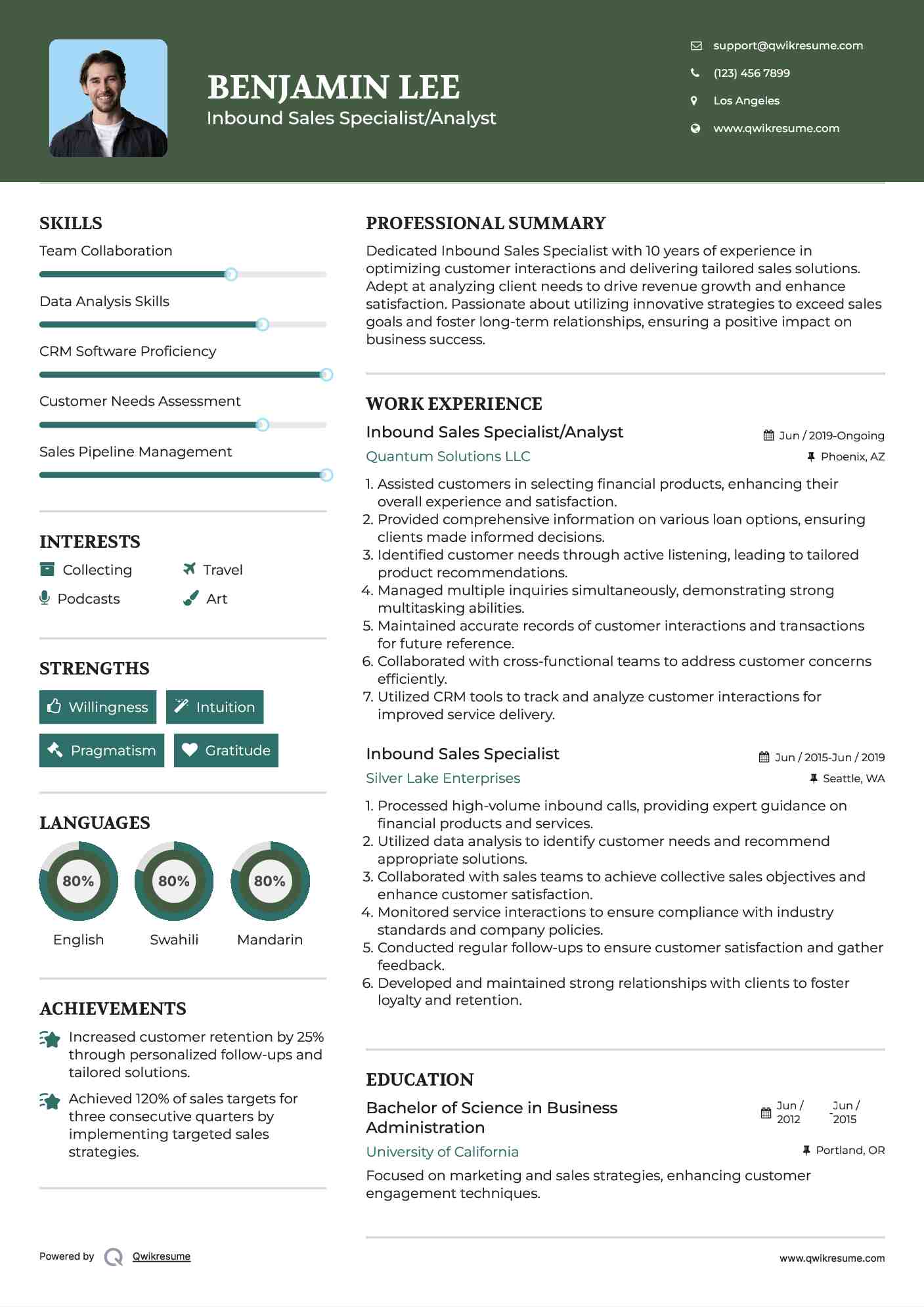 Inbound Sales Specialist/Analyst Resume Sample