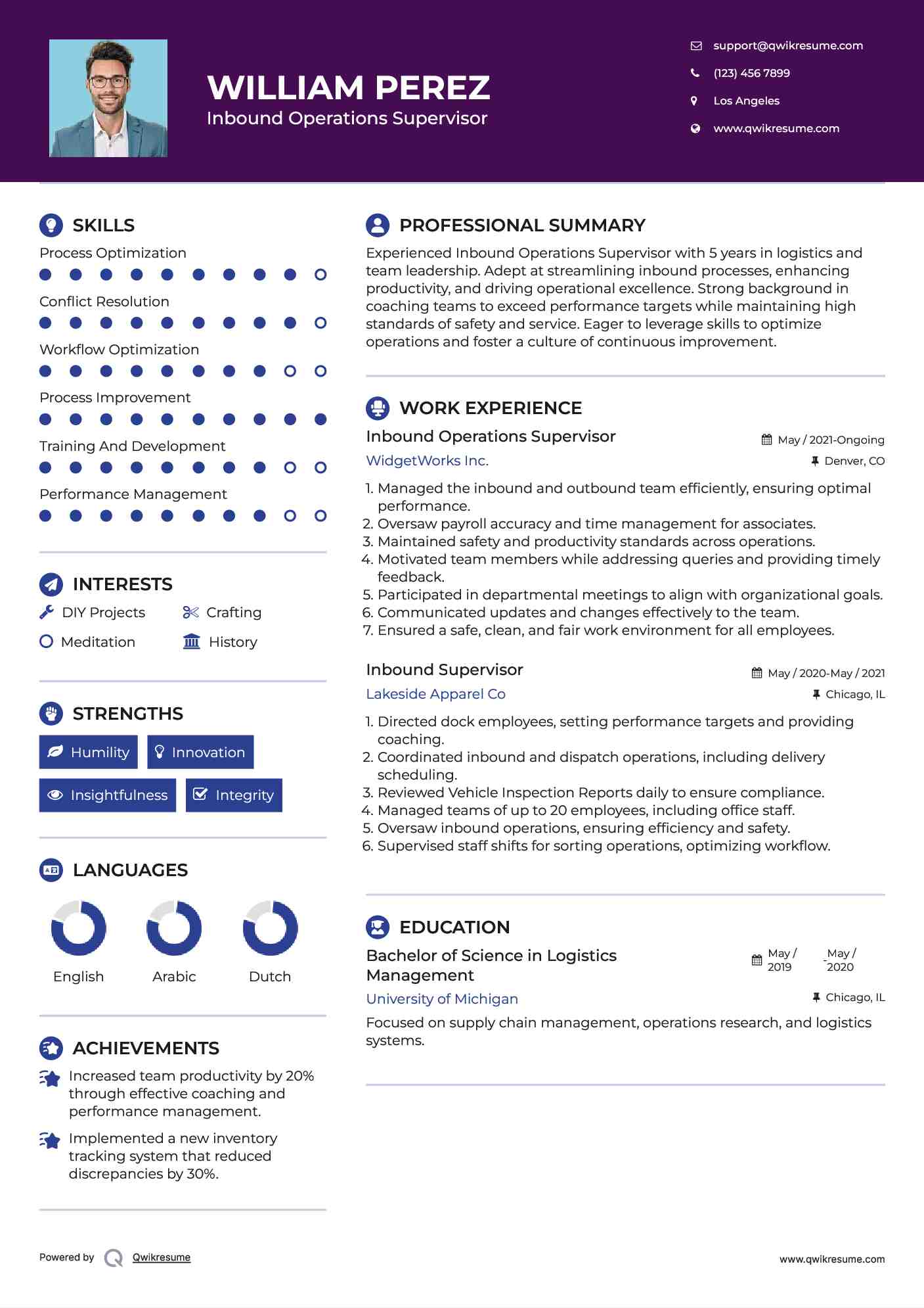 Inbound Operations Supervisor Resume Sample