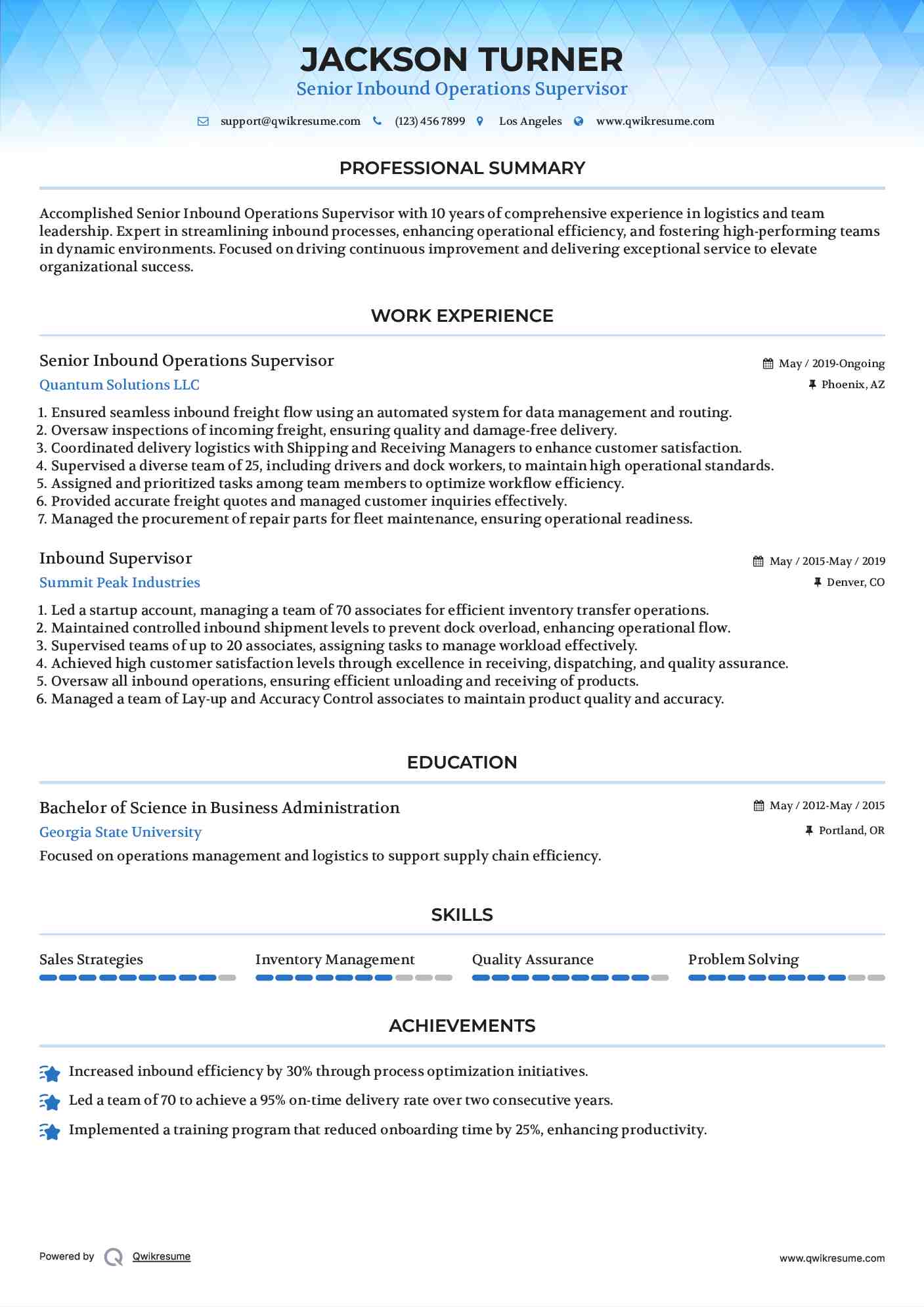 Senior Inbound Operations Supervisor Resume Model