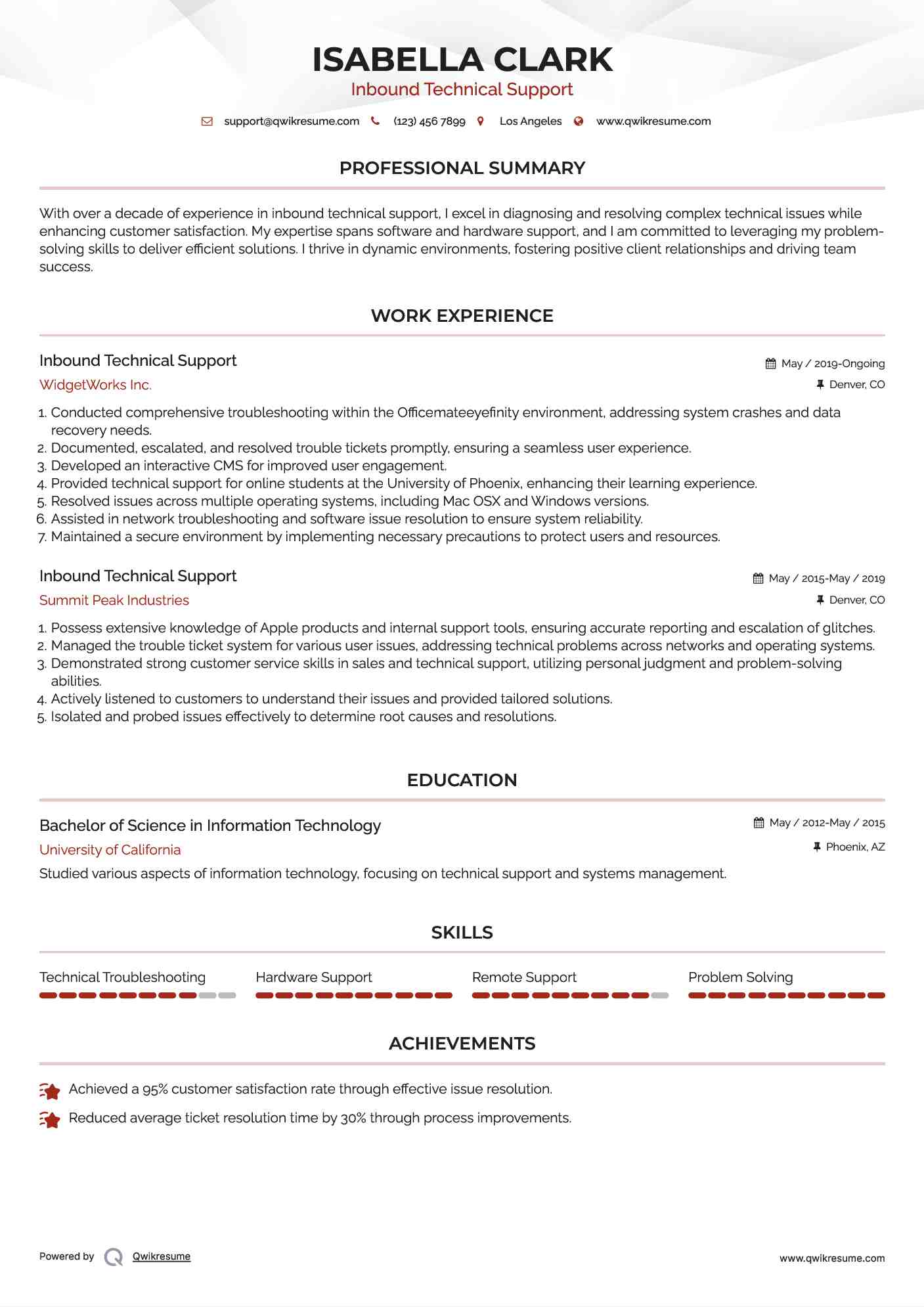 Inbound Technical Support Resume Sample