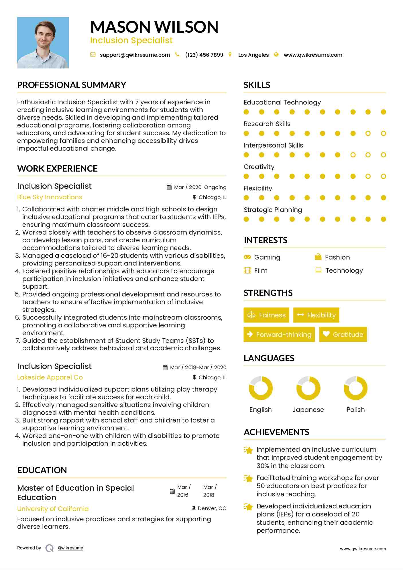 Inclusion Specialist Resume Template