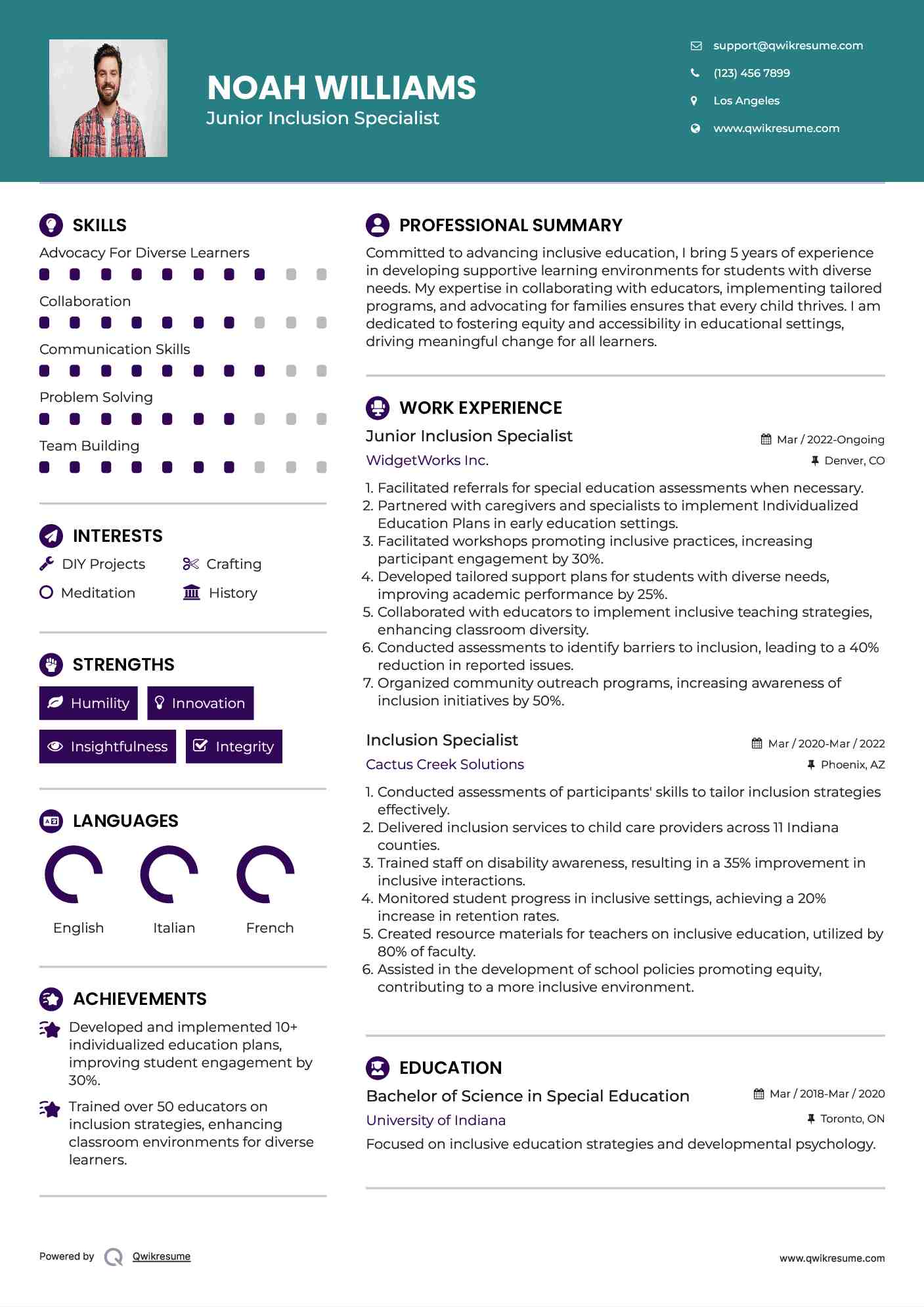 Junior Inclusion Specialist Resume Model