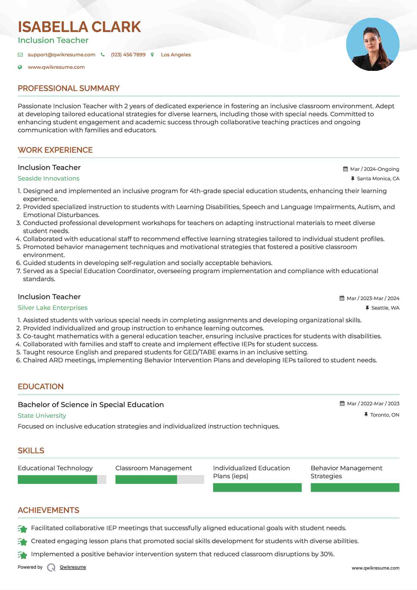 Inclusion Teacher Resume Model