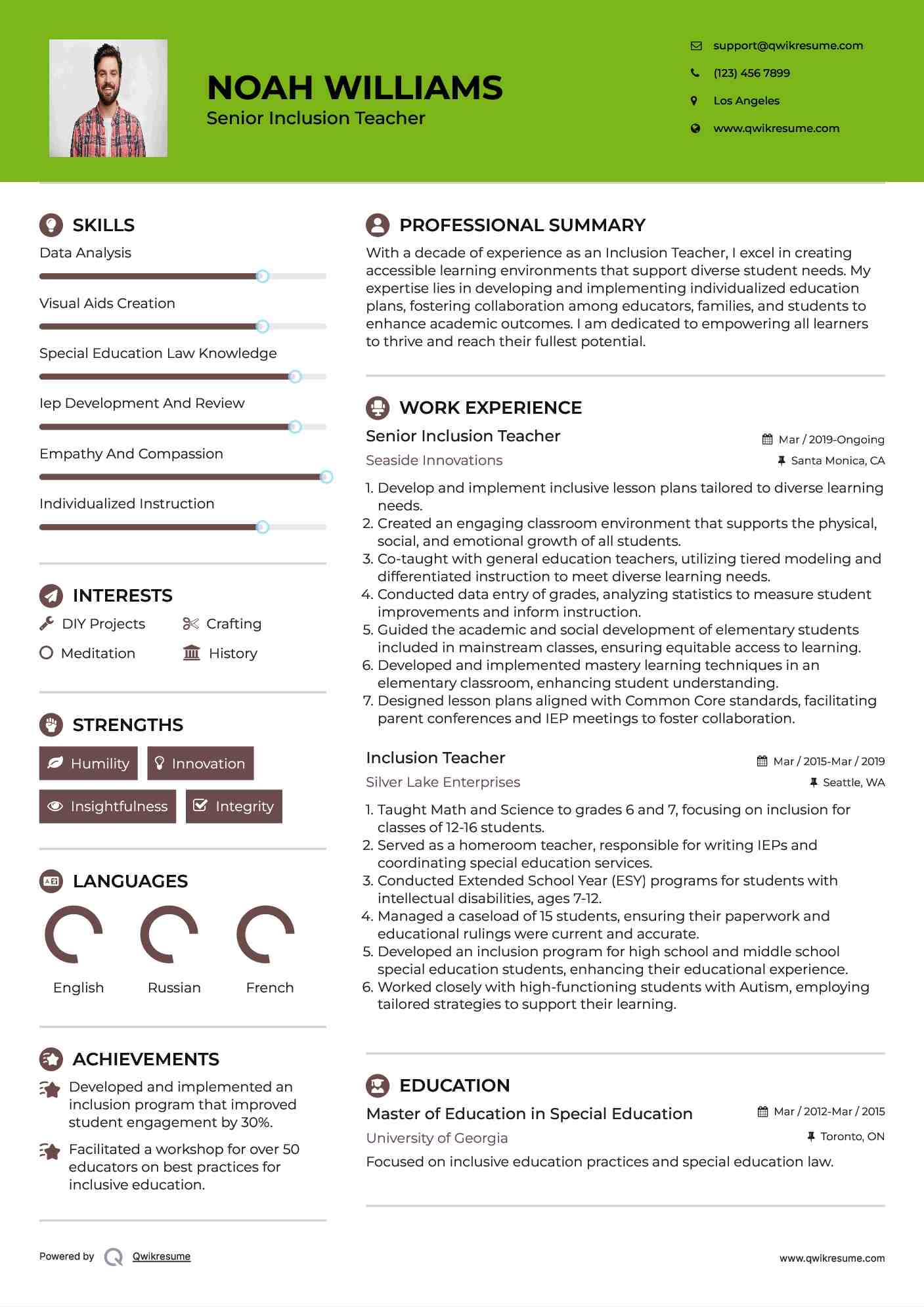 Senior Inclusion Teacher Resume Format