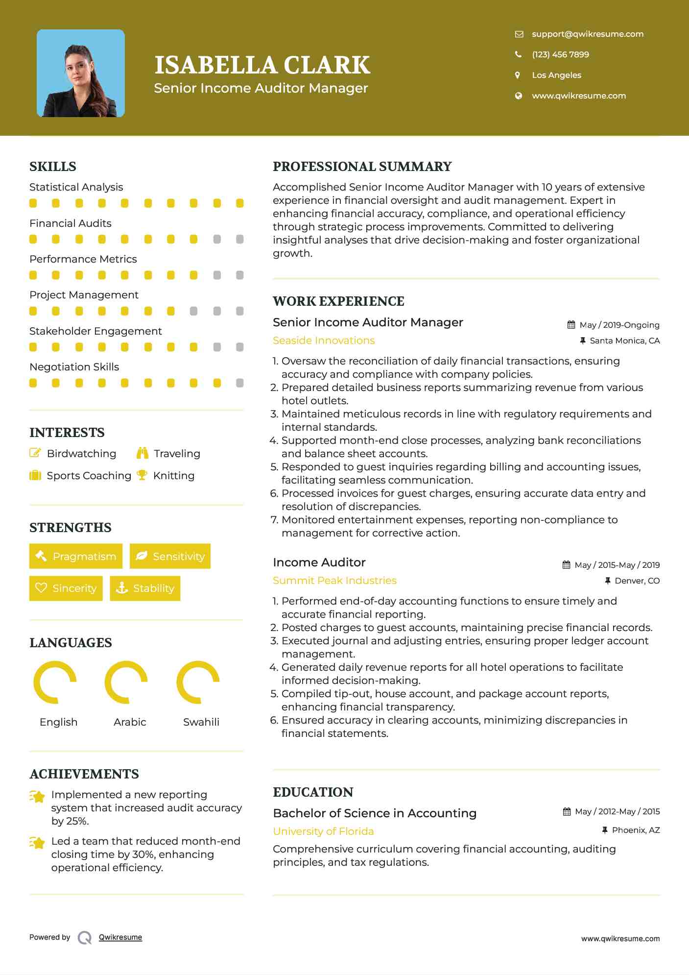 Senior Income Auditor Manager Resume Example