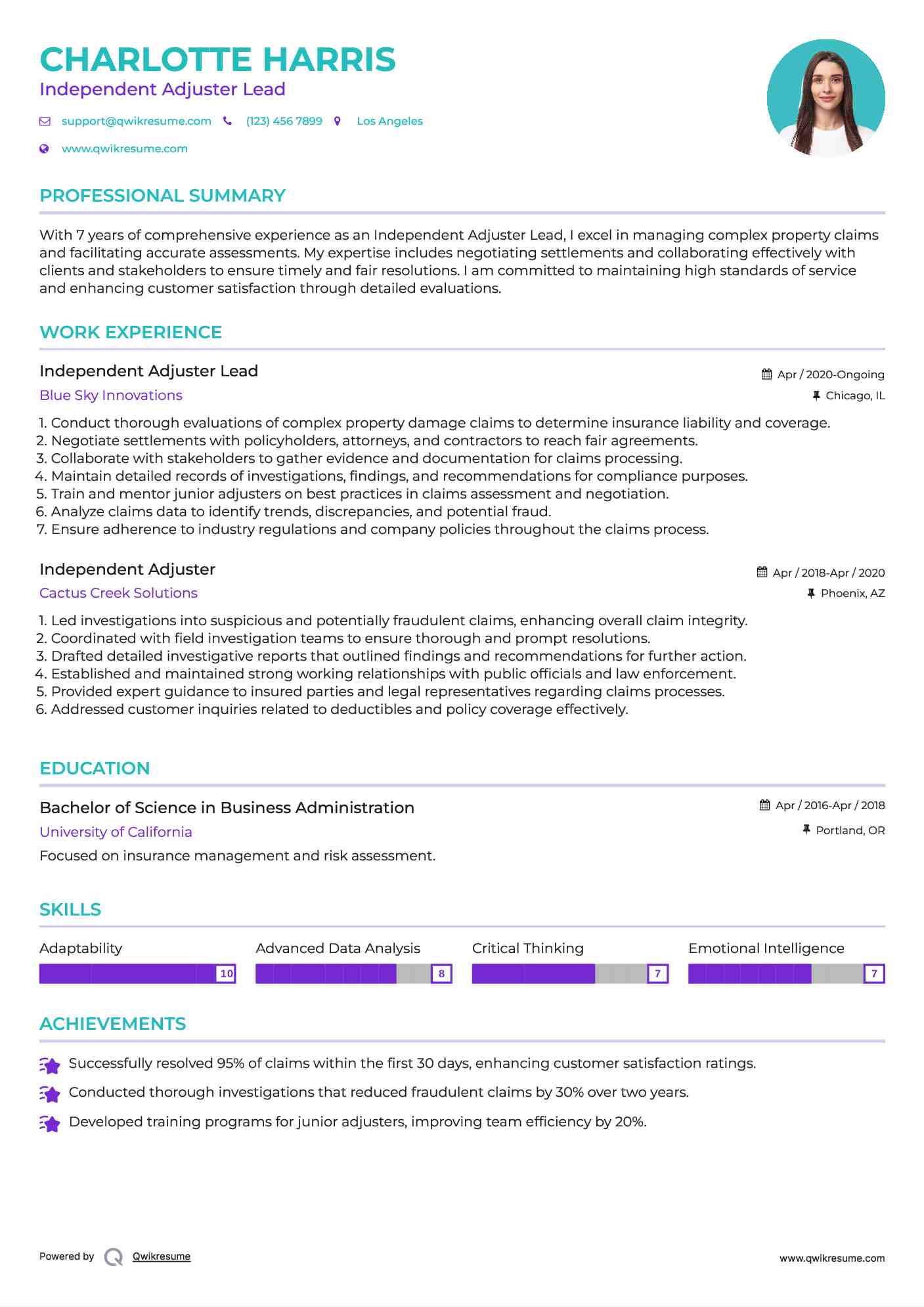 Independent Adjuster Lead Resume Sample
