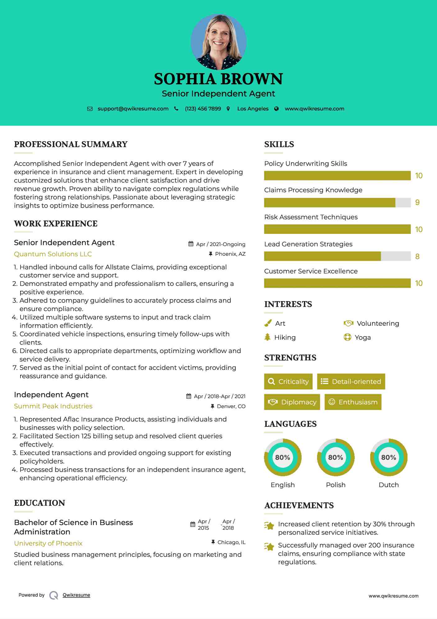 Senior Independent Agent Resume Model