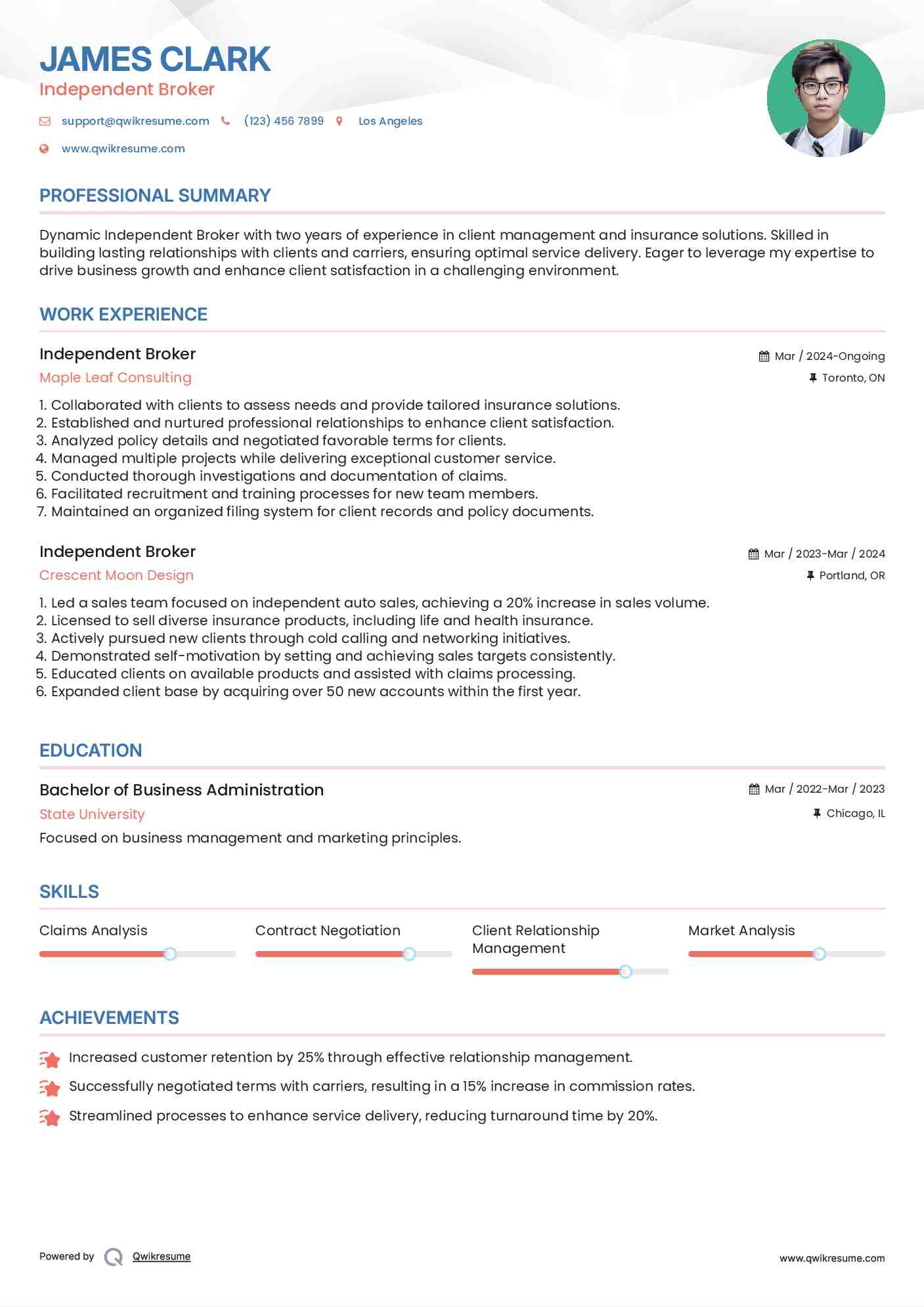 Independent Broker Resume Sample