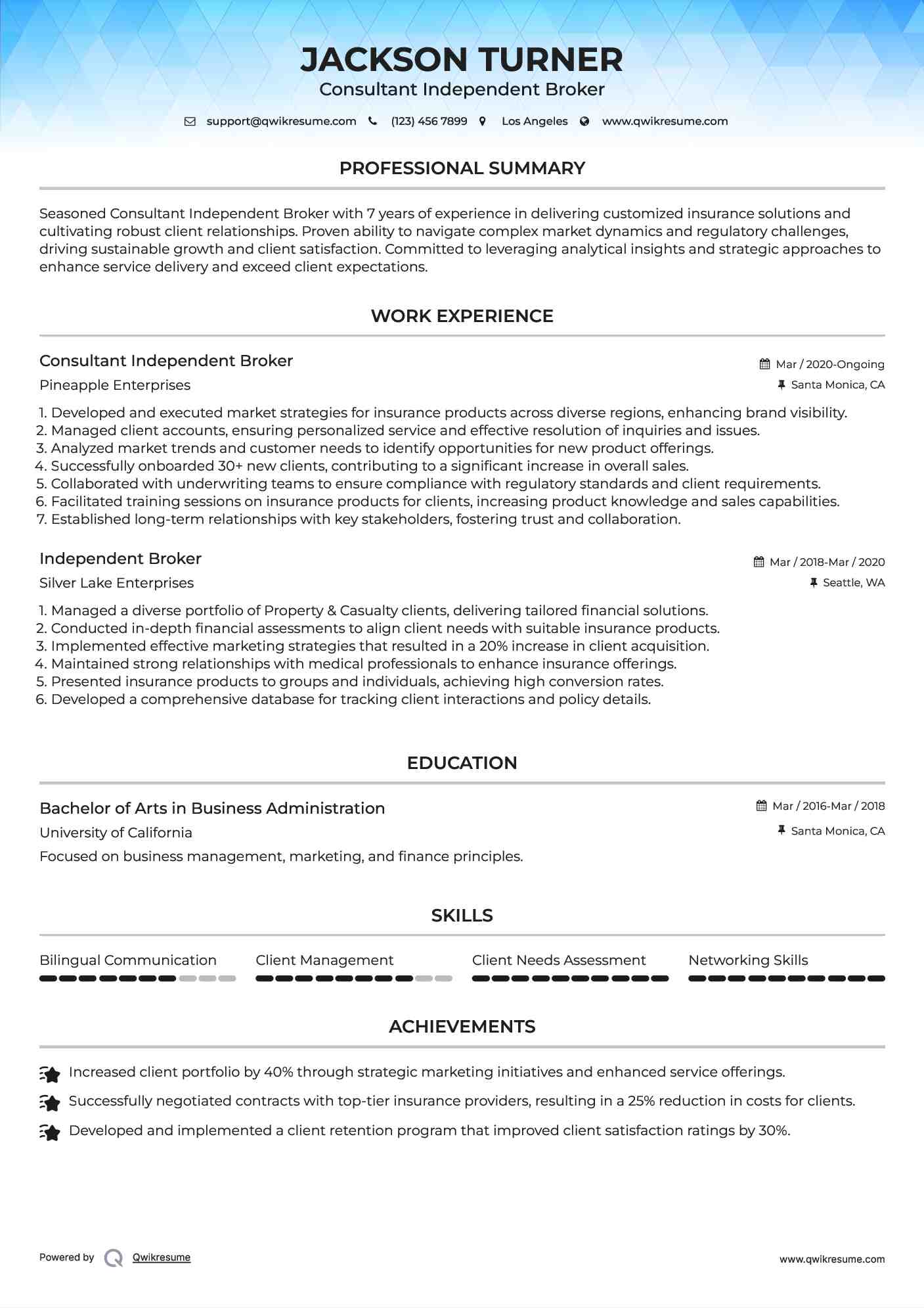 Consultant Independent Broker Resume Model